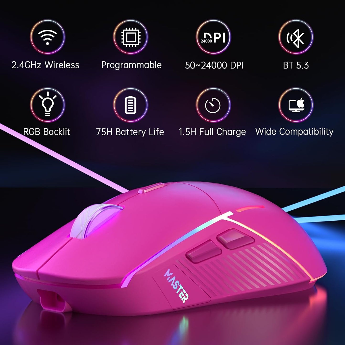 FFJ Wireless Gaming Mouse, 24000 DPI, Tri-Mode 2.4G/USB-C/Bluetooth 5.3 Gaming Mouse Wireless, RGB Programmable Mouse Gamer, 75Hrs Battery Life, Rechargeable Gaming Mice for PC, Mac, PS5, Xbox-Magenta