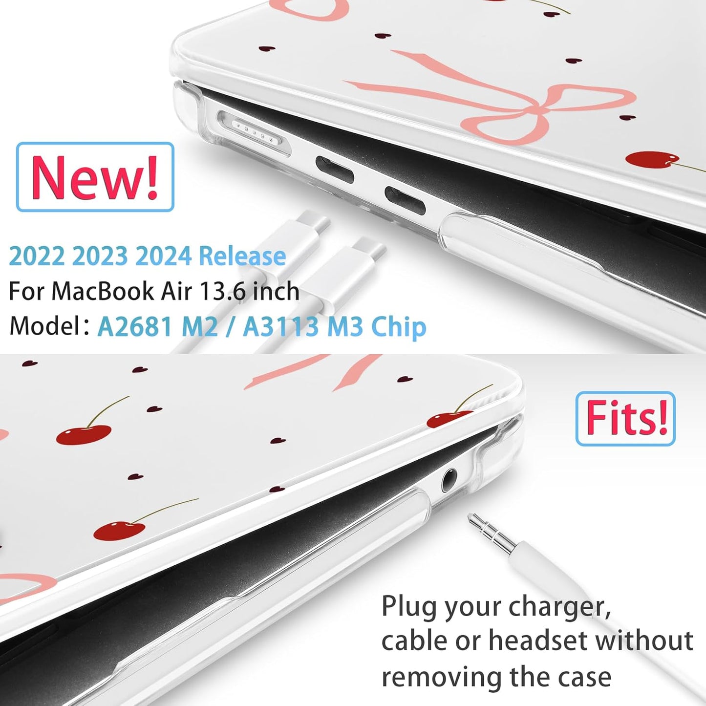 Mektron for 2025 M4 MacBook Air 13.6 Inch A3240 Case Fits 2023 A2681 M2 2024 A3113 M3 Chip with Liquid Retina Display Touch ID, Printed Plastic Hard Shell Cover for MacBook Air 13.6", Pink Bows-hearts