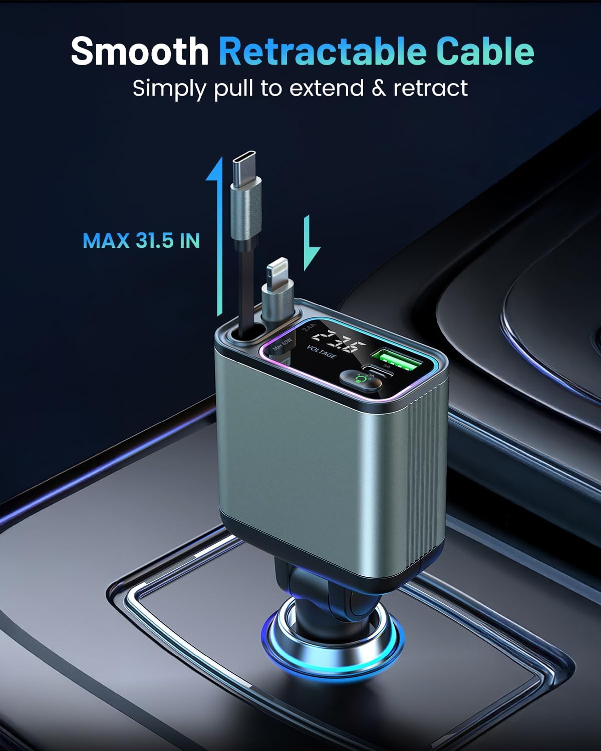 4 in 1 Retractable Car Charger with RGB Light, 92W Fast Charging USB C Car Adapter, Compact Car Phone Charger for iPhone/Galaxy/Pixel, Car Accessories for Women Men (Lightning + Type C Cable)