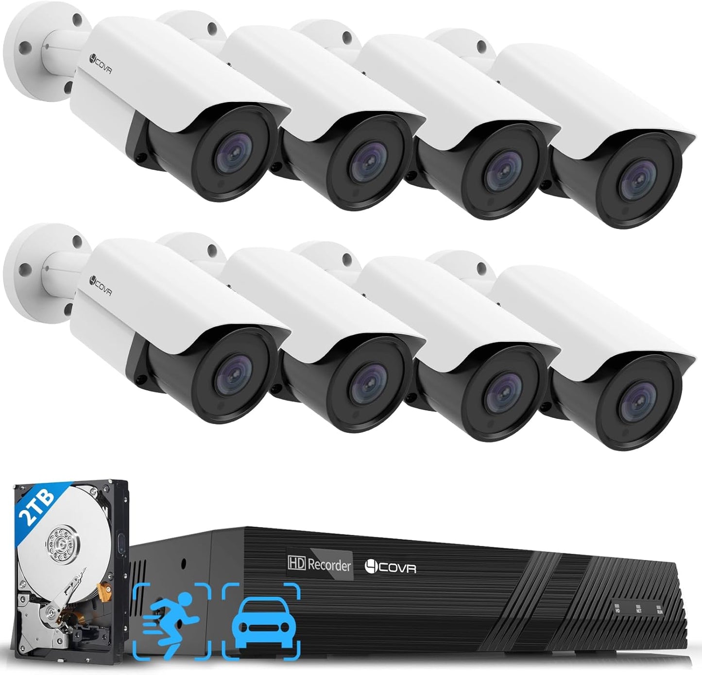 4COVR IP Security Camera System PoE Built-in Mic, 8CH 4K H.265 NVR with 2TB HDD, AI Human Vehicle Detection, 8Pcs 5MP Commercial IP67 IP Bullet Camera Night Vision, 24/7 Recording, LY37EX5M0808