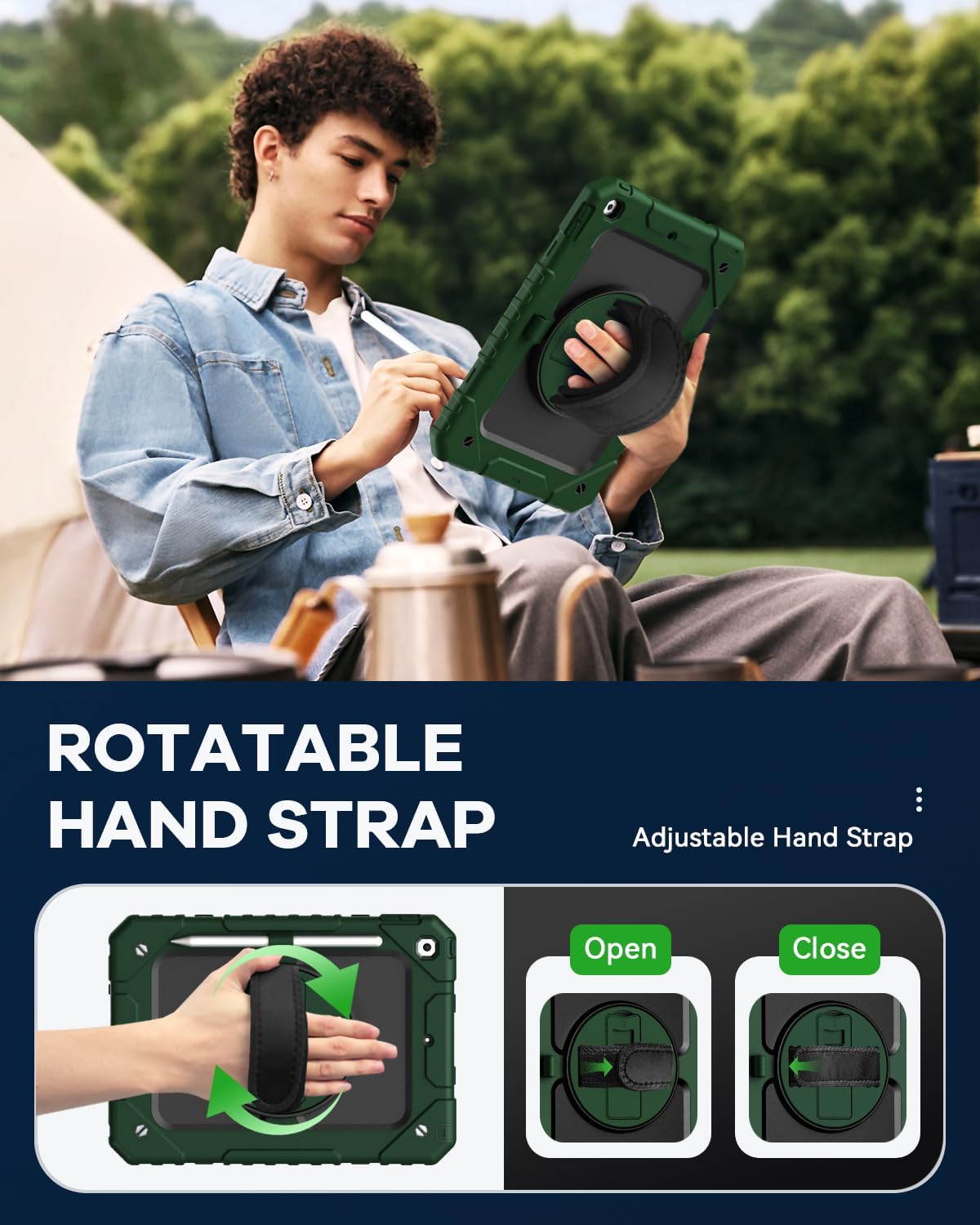 Cantis Case for iPad 9th/8th/7th Generation with Screen Protector, iPad 10.2 Case 2021/2020/2019 with 360 Degree Rotating Stand/Shoulder Strap/Pencil Holder, Alpine Green