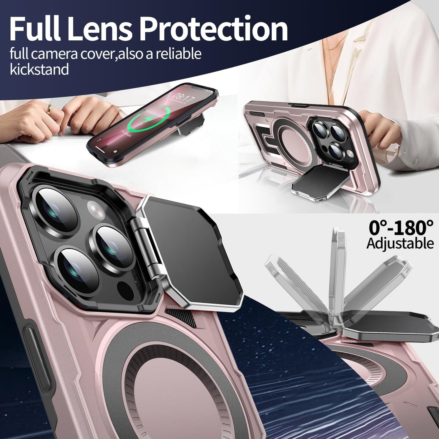 Camera Stand Case for iPhone 13 Pro, [Compatible with Mag Safe] [Lens Cover] 2024 Version Military Grade Protective Soft Case for iPhone 13 Pro 6.1 inch Men Women, Pink