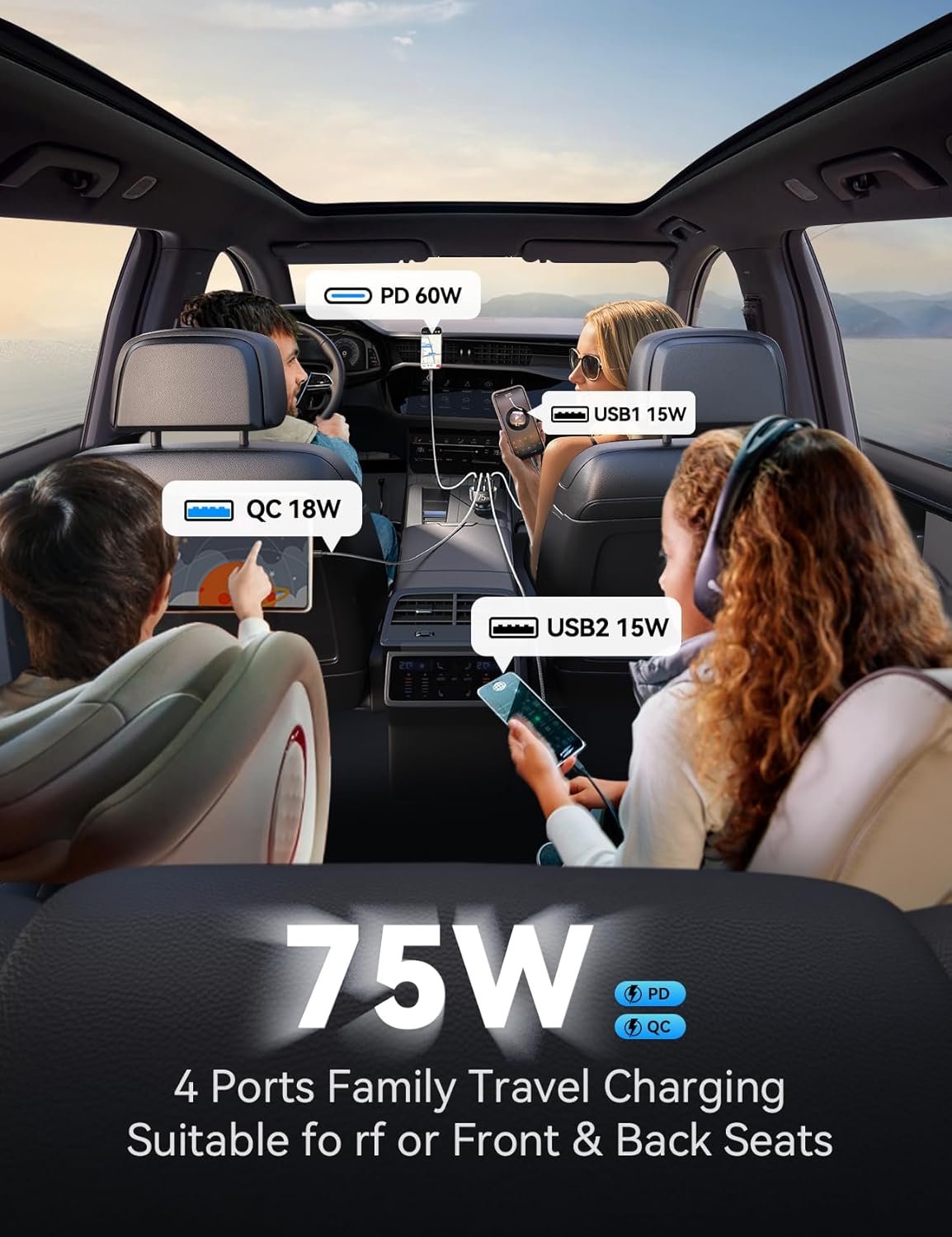 75W Car Charger USB C Cigarette Lighter Adapter 4-Port Fast Car Charger with 3.3ft 60W USB C Cable Fast Charging