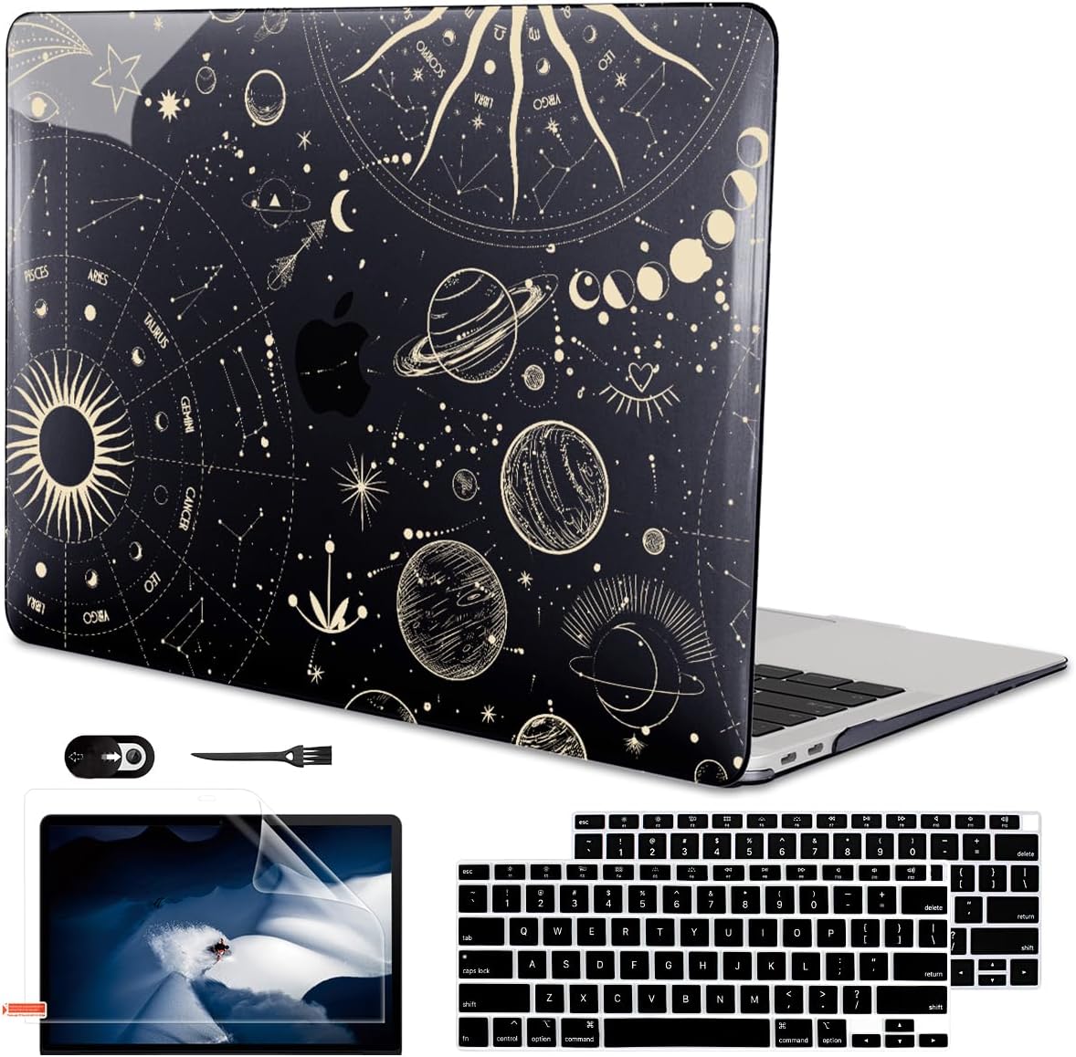 for MacBook Air 13 inch M1 Case 2021 2020 2019 2018 (Model M1 A2337 A2179 A1932) with Touch ID & Retina Display, Crystal Black Printed Pattern Hard Shell Case Keyboard Cover, Constellation