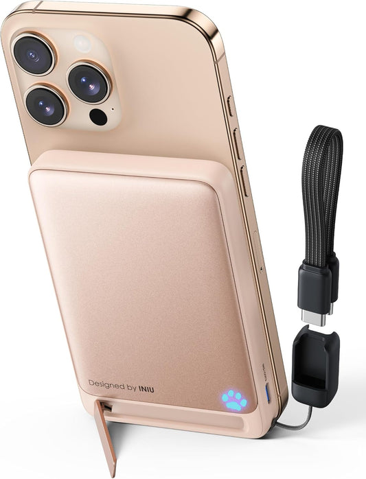 INIU for MagSafe Portable Charger, Qi2 Certified, Slimmest 45W 10000mAh Magnetic Power Bank, with USB C Cable & Stand, Fast Charging Battery Pack for iPhone 16 15 14 13 12 Only, Pink