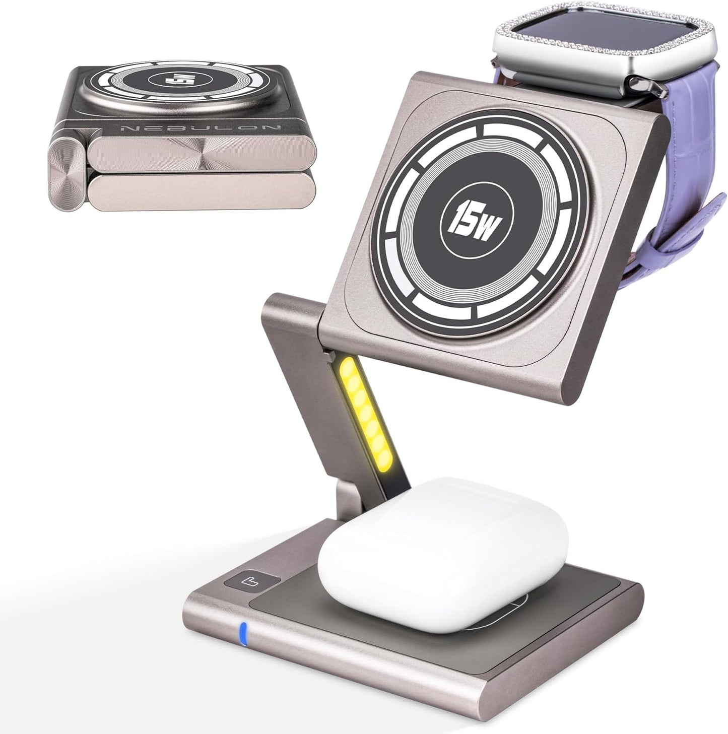 Fast Wireless Charging Station, Foldable for Travel w/Light, Modern All Aluminum Alloy Body, 4 in 1 Charger Compatible with MagSafe for Apple iPhone 16/15/14/13/12, AirPods and Apple Watch [Titanium]