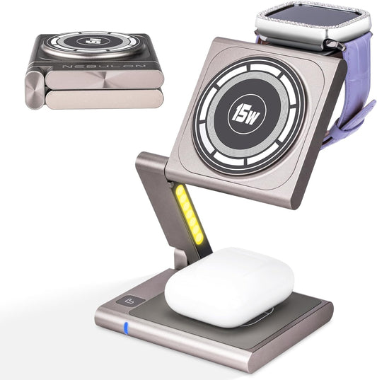 Fast Wireless Charging Station, Foldable for Travel w/Light, Modern All Aluminum Alloy Body, 4 in 1 Charger Compatible with MagSafe for Apple iPhone 16/15/14/13/12, AirPods and Apple Watch [Titanium]