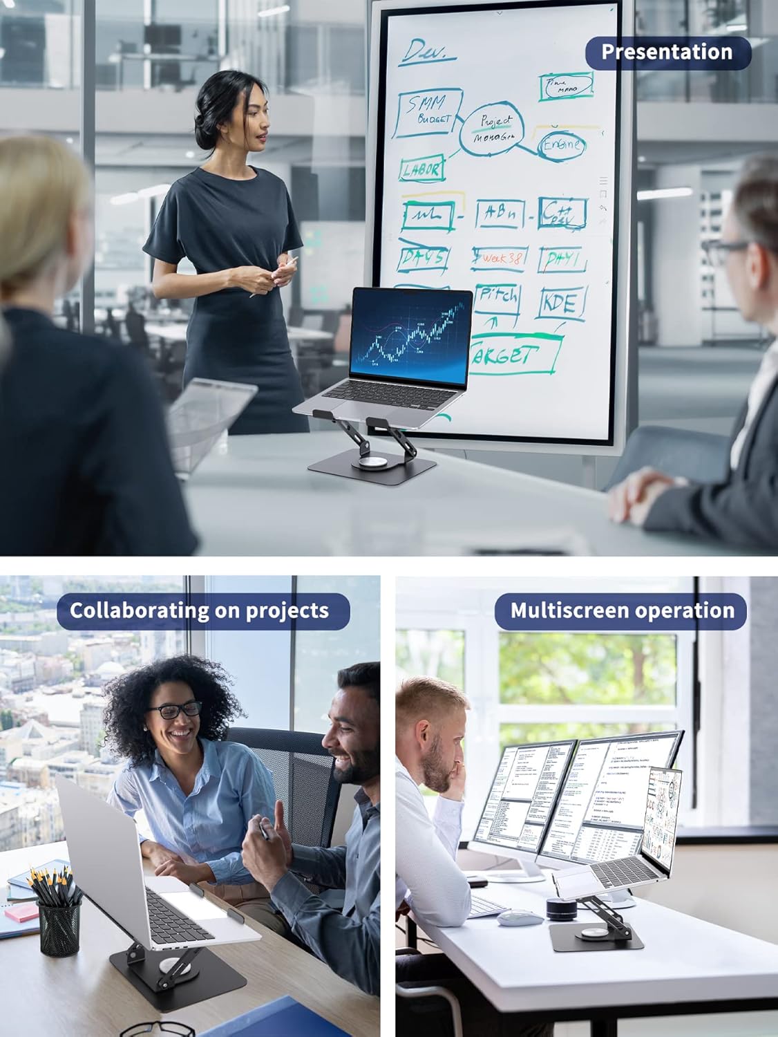 SOUNDANCE Laptop Stand with 360° Rotating Base, Ergonomic Computer Riser for Desk, Adjutable Height Muti-Angle, Foldable Laptop Mount, Stable Metal Holder Support 10-15.6" Notebook PC, Black