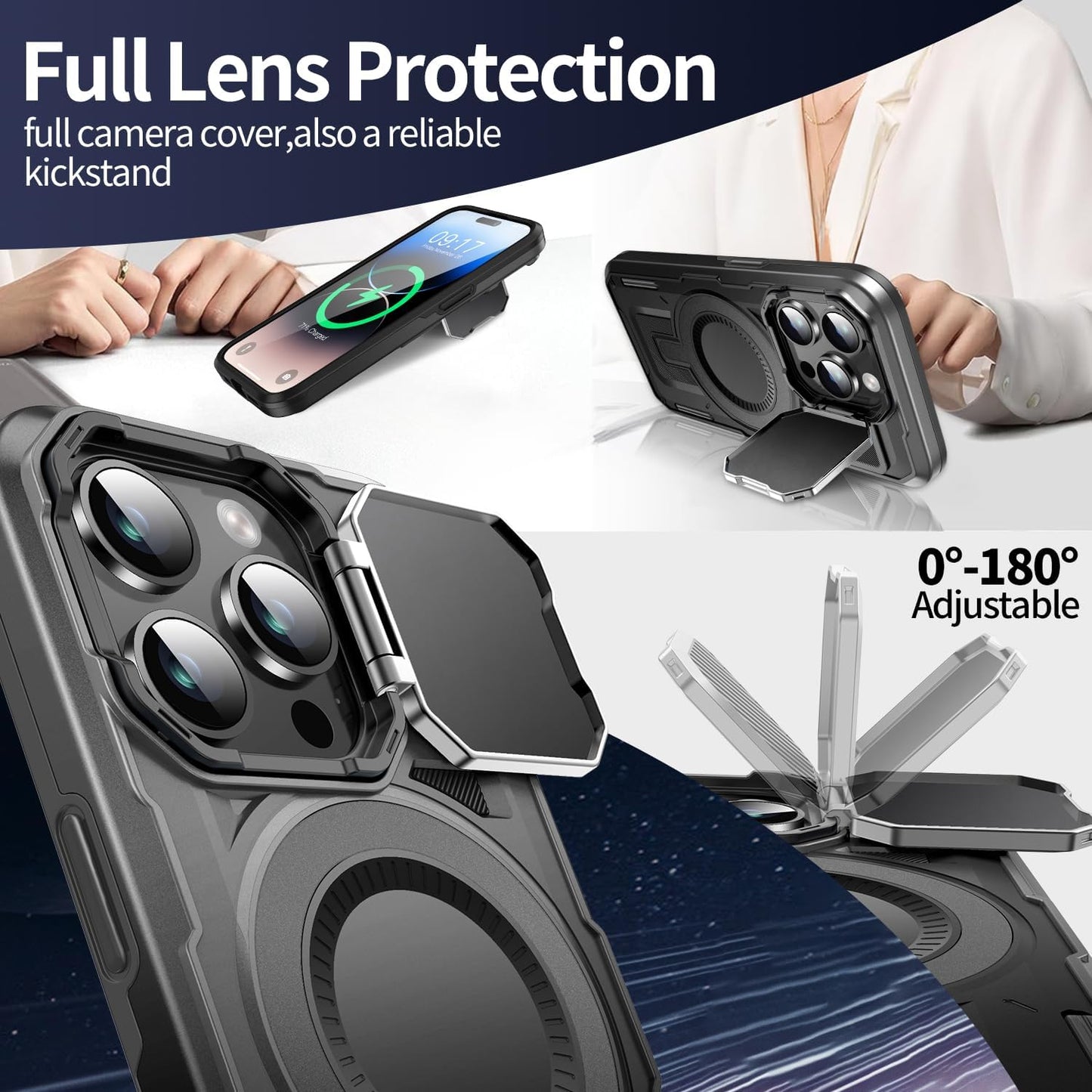 Camera Stand Case for iPhone 14 Pro, [Compatible with MagSafe] [Lens Cover] 2024 Version Military Grade Protective Soft Case for iPhone 14 Pro 6.1 inch Men Women, Black