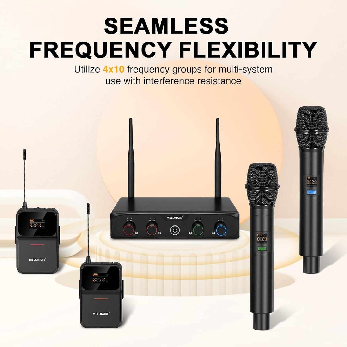 4-Channel Wireless Microphone System,UHF Cordless Mic Set w/ 4x10 Frequencies, 200ft, 2 Handheld Dynamic Mics, 2 Bodypacks & Headset/Lapel Microphones for Singing, Karaoke, DJ (MWM-41-2H2B)
