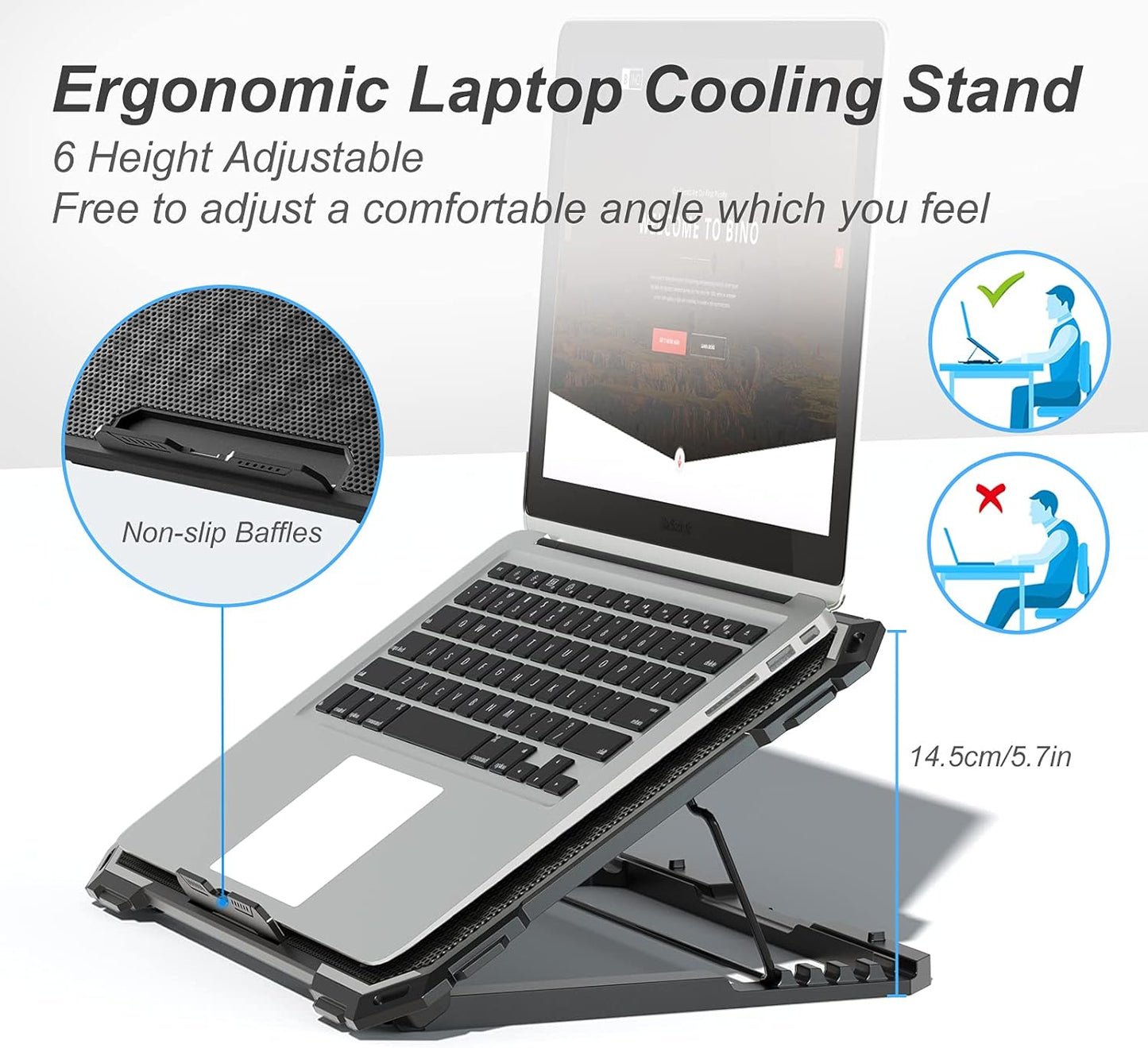 ICE COOREL Laptop Cooling Pad with 6 Cooling Fans, Cooling Pad for Laptop Fan 13-15.6 Inch, Laptop Cooler Stand with 6 Height Adjustable, Notebook Cooler Pad with Two USB Port