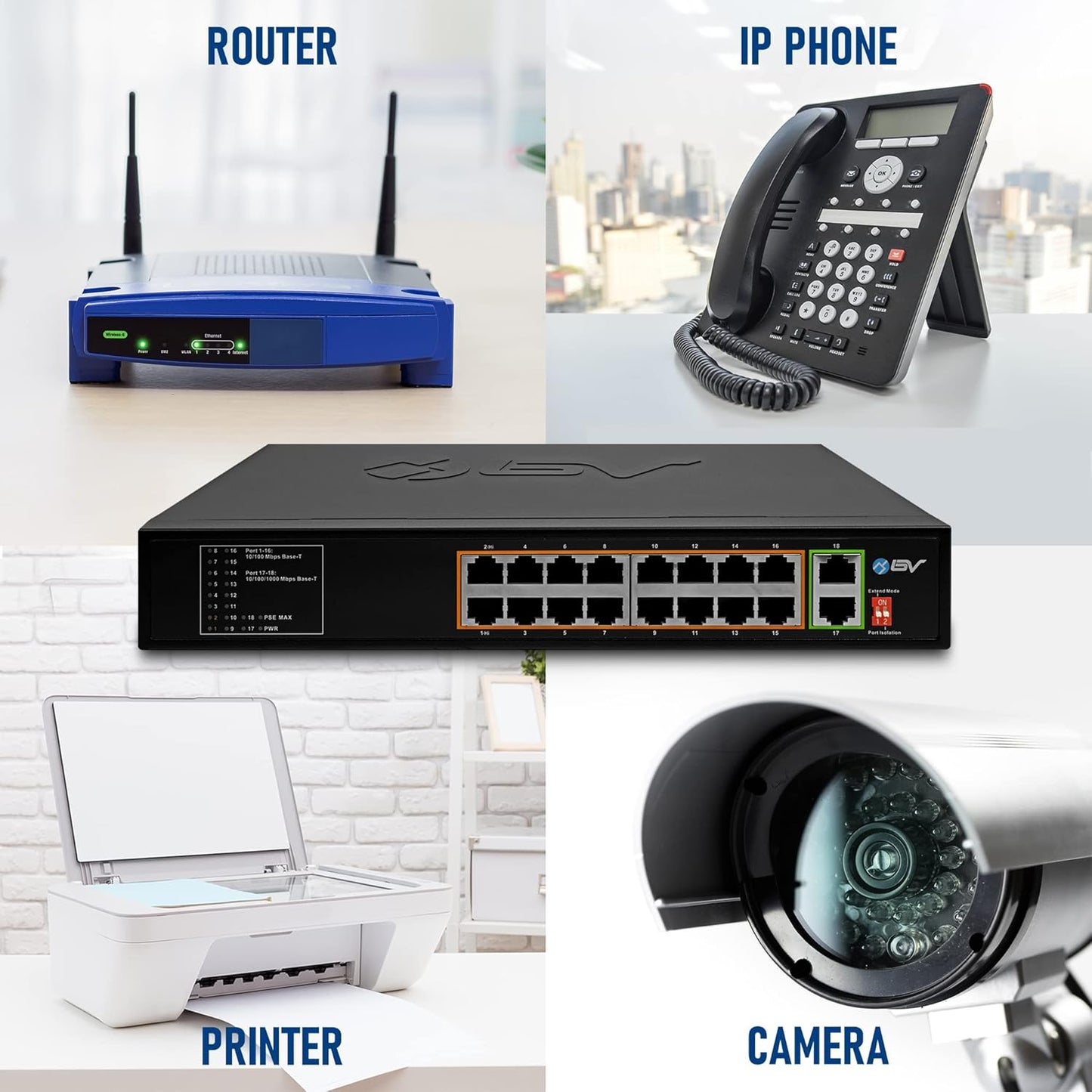 BV-Tech 18 Ports Long Range PoE+ Switch (16 PoE+ Ports | 2 Gigabit Ethernet uplink) - 19" Rackmount - 135W - 802.3af/at -Desktop Design for Easy Set Up