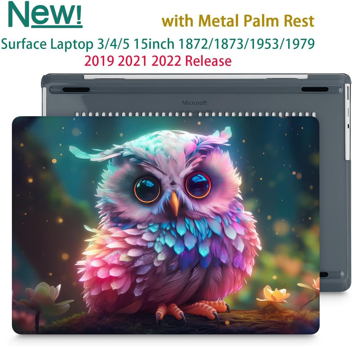 Tuiklol Case for 15 Inch Microsoft Surface Laptop 5/4/3 2022-2020, Model 1979/1953/1872/1873 Hard Shell Cover, Keyboard Cover+Screen Protector+Dust Plugs,Rainbow owl