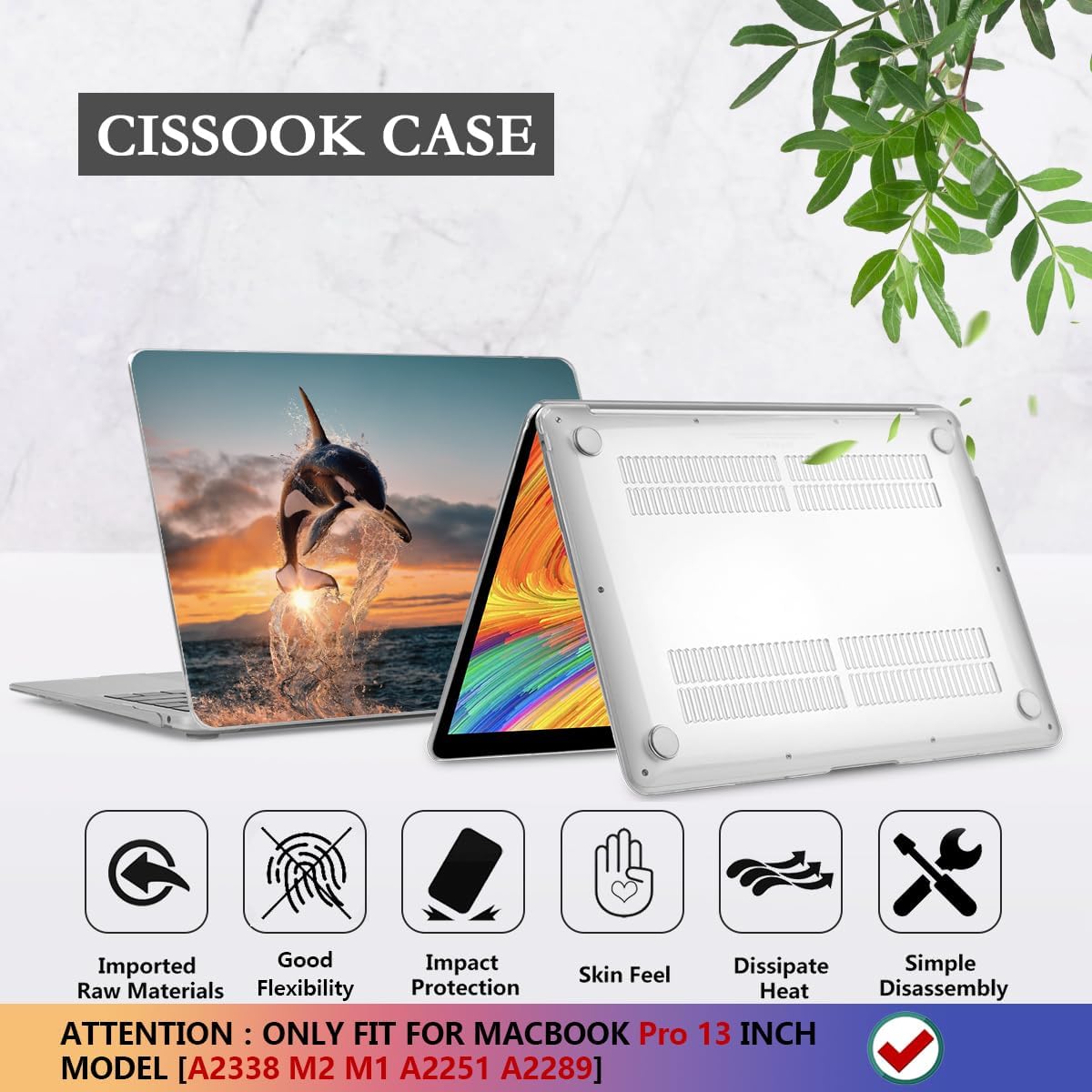 CISSOOK Compatible with MacBook Pro 13 inch Case 2023 2022 2021 2020 Release M2 M1 Chip A2338 A2251 A2289 Model with Touch Bar, Protective Plastic Hard Shell Case Cover for Pro 13", Dolphin&Sea