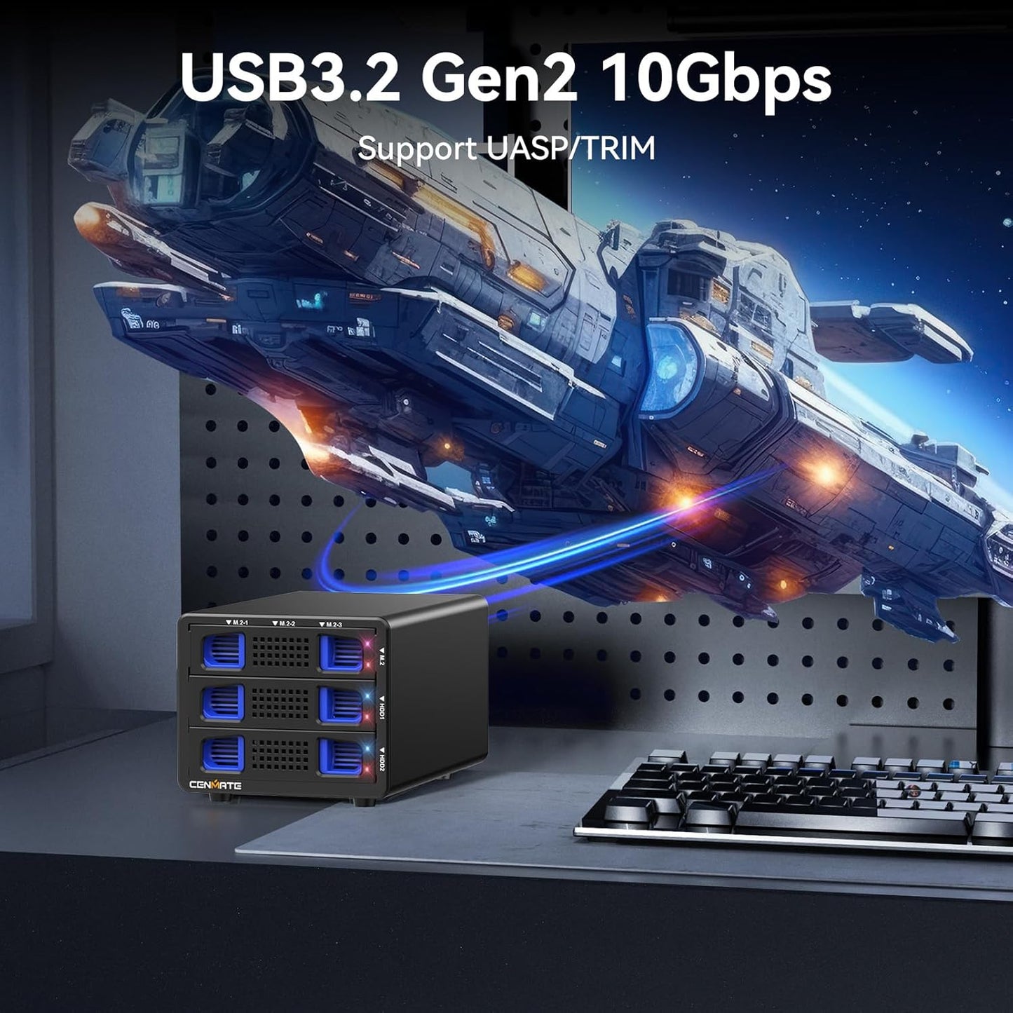 Hybrid 2*2.5/3.5" SATA HDD/SSD(Support RAID 1/0/JBOD/NORMAL)+3* M / B+M Key M.2 NVMe Enclosure with Fan, USB A/C 3.2 Gen 2, Hard Drive Enclosure Support 68TB(2*22TB HDD+3*8TB 2230/42/60/80/110 SSDs)