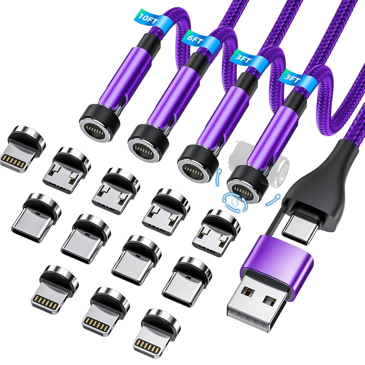 5-in-1 Magnetic Charging Cable, 540° Rotation Magnetic Phone Charger [4-Pack, 3ft/3ft/6ft/10ft] USB A/Type C Fast Charging Charger Cable for iproduct/Micro USB/USB C Devices-Purple