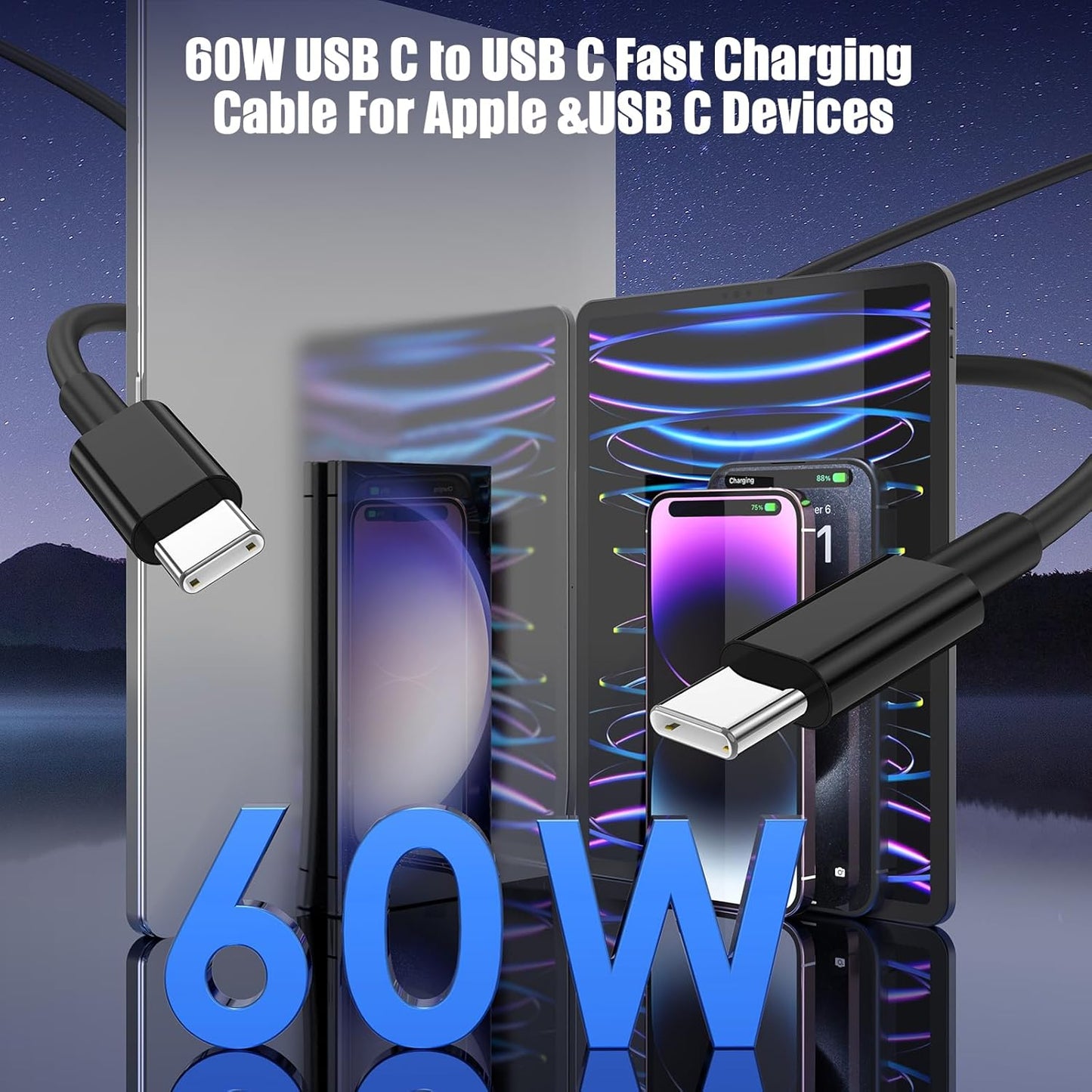 2-Pack Black 10FT 60W USB C to USB C Cable, Type C to Type C Cable,Fast Charging Cable for iPhone 16 15 Pro Plus Pro Max，for Galaxy S24 S23, for iPad Pro/Air, for MacBook Pro/Air and More