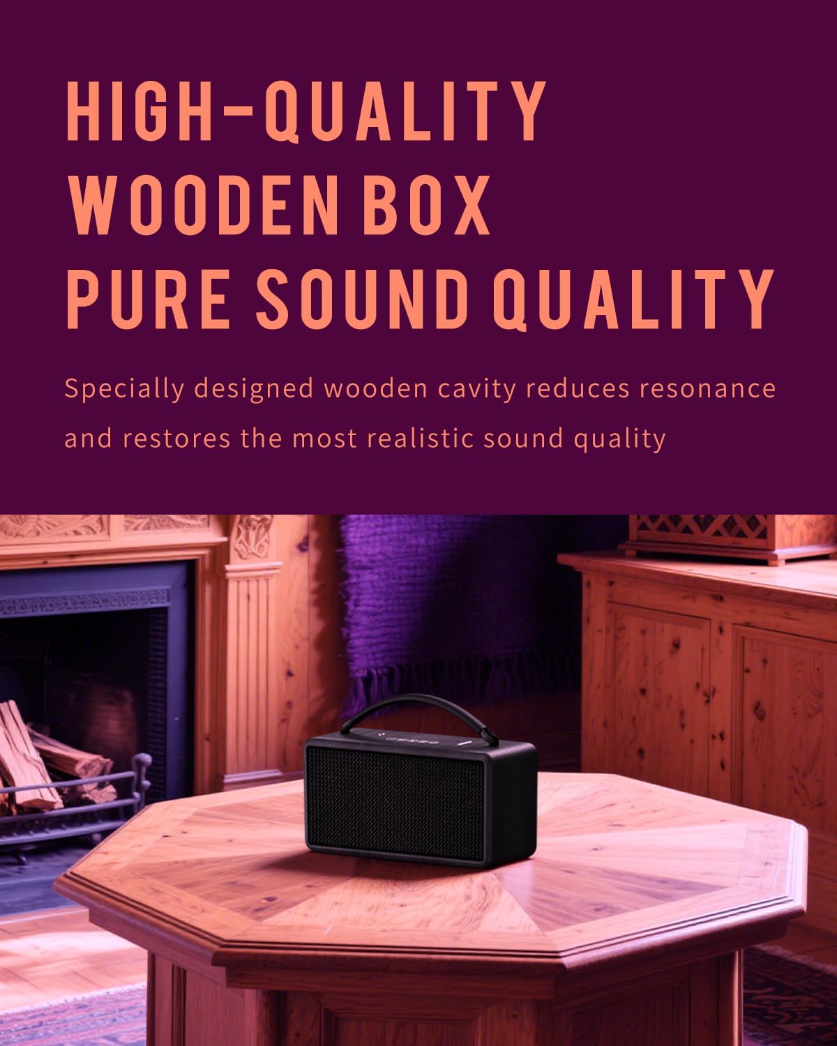 DINDIN Portable Bluetooth Speaker: 80W (Peak), 20H Playtime, Loud Wireless Wood Speakers with Bass, AUX and USB Input, Subwoofer, TWS Pairing, Vintage Speaker for Outdoor, Home, Office (Black)