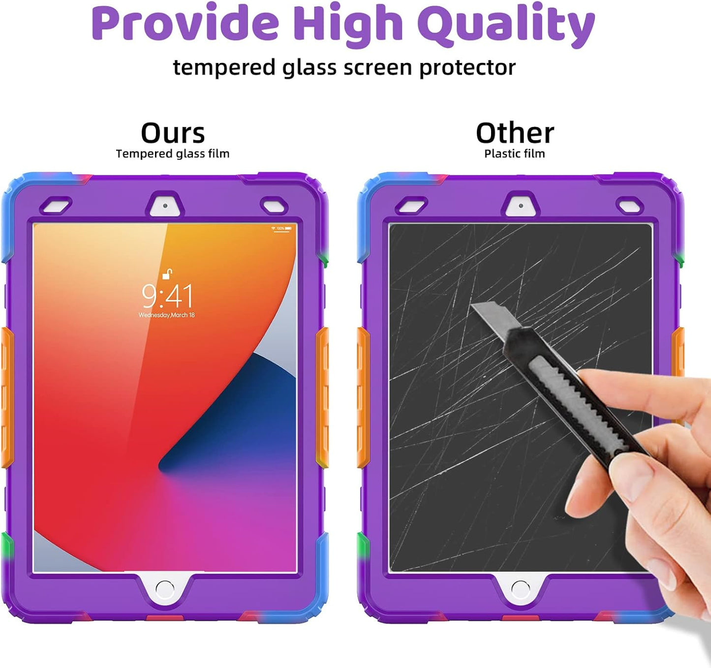 BLOSOMEET Case for iPad 9th/8th Generation 2021/2020 10.2 Inch with Tempered Glass Screen Protector |Rugged Shockproof iPad 7th Gen Kids Cover 2019 w/Stand Pencil Holder & Hand Shoulder Strap|Purple