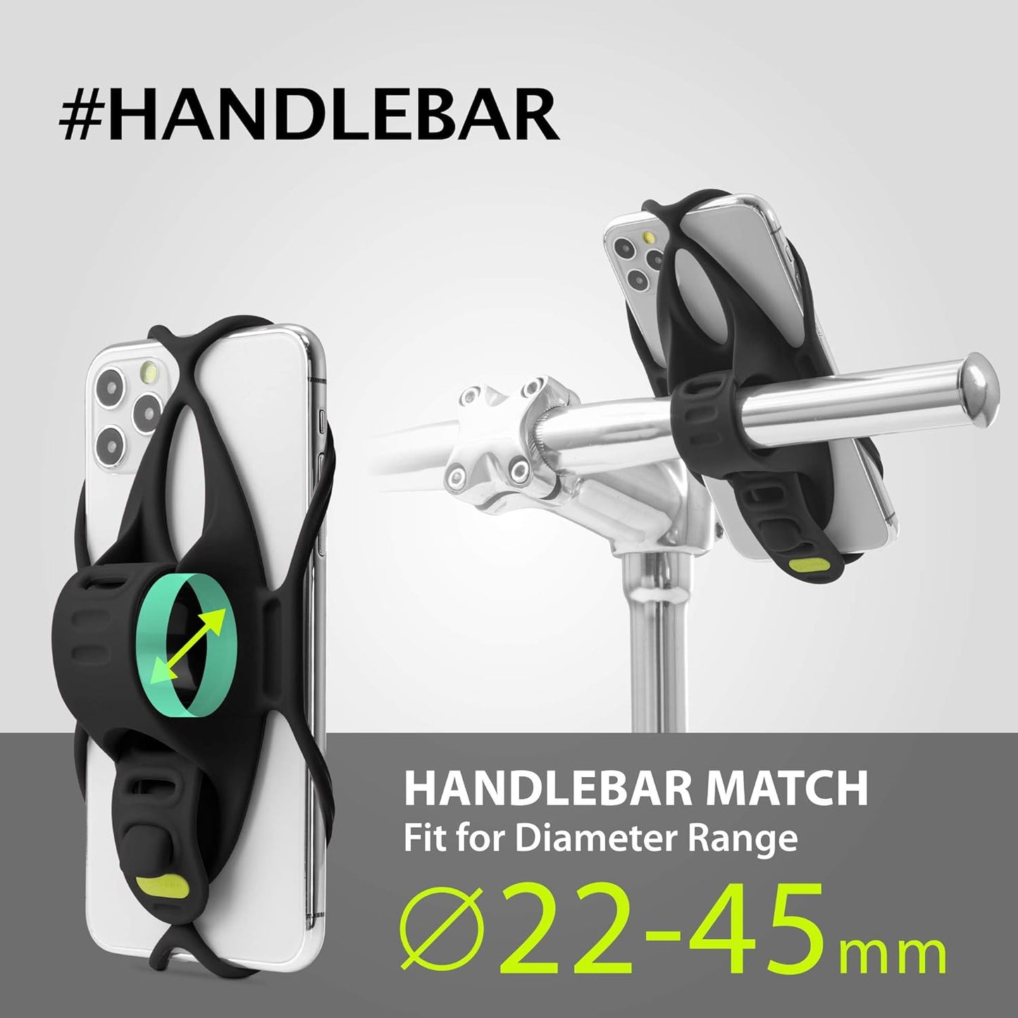 BONE Bike Tie 4, Bike Cell Phone Mount for Handlebar, Scratch-Free Silicone Holder with Anti-Slip Design, Universal Cycling Phone Holder Compatible with Most Smartphones (Black - Handlebar)