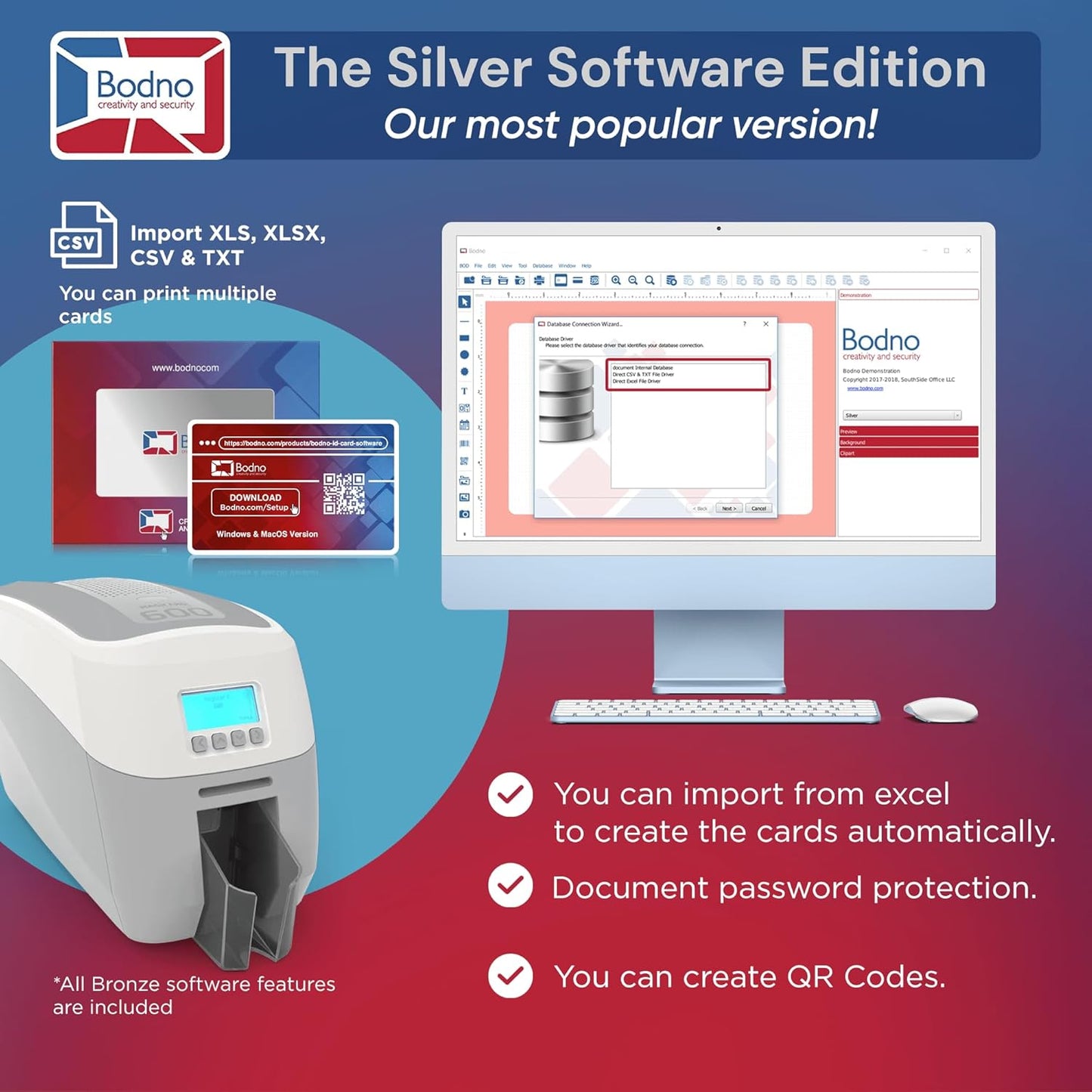 Bodno Magicard 600 Single Sided ID Card Printer & Complete Supplies Package ID Software - Silver Edition