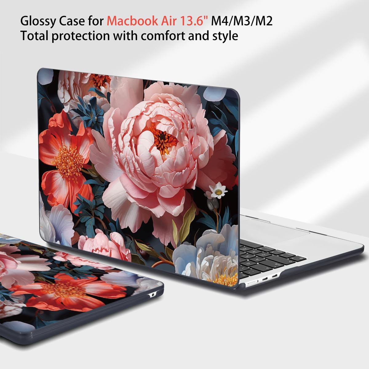 Teryeefi Compatible with A2681 A3113 A3240 MacBook Air 13.6 inch Case M2 M3 M4 Release 2022 2023 2024 2025,Design Slim Cover+Keyboard Cover+OTG Adapter for 13.6 inch MacBook Air, Colorful Peonies