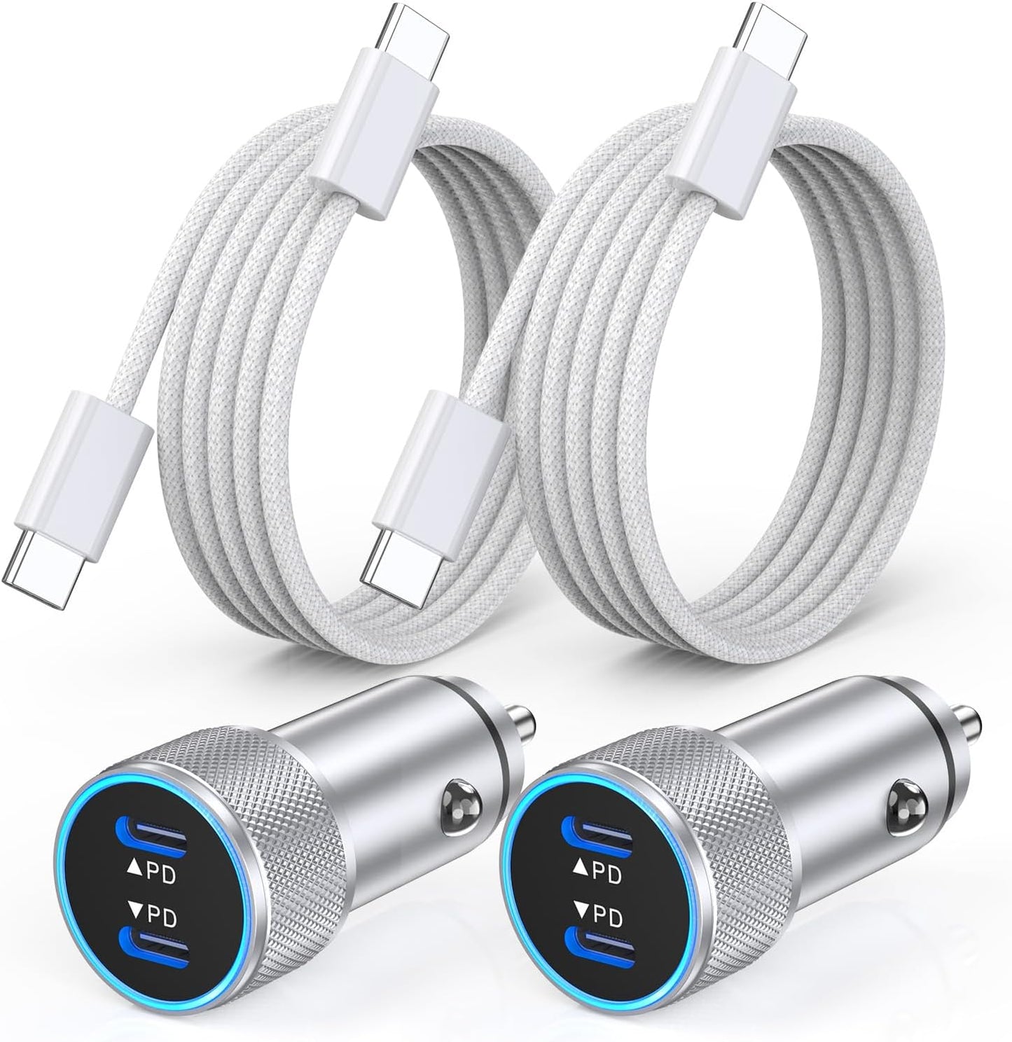 iPhone 16 Car Charger,2Pack Dual Port USB C Fast Car Charger Type C Rapid Charging Adapter with 2Pack USB C to C Nylon Braid Cable Woven Cord Fast Charging for iPhone 16/16 Pro/15/15 Pro Max/iPad
