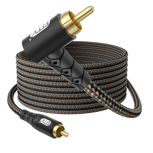 EMK 90 Degree RCA Subwoofer Cable 24K Gold-Plated Connector Nylon Braided Double Shielded – Support Digital & Analog Signals for Amplifier, Home Theater, Hi-Fi System,Subwoofer Black/25ft/8m