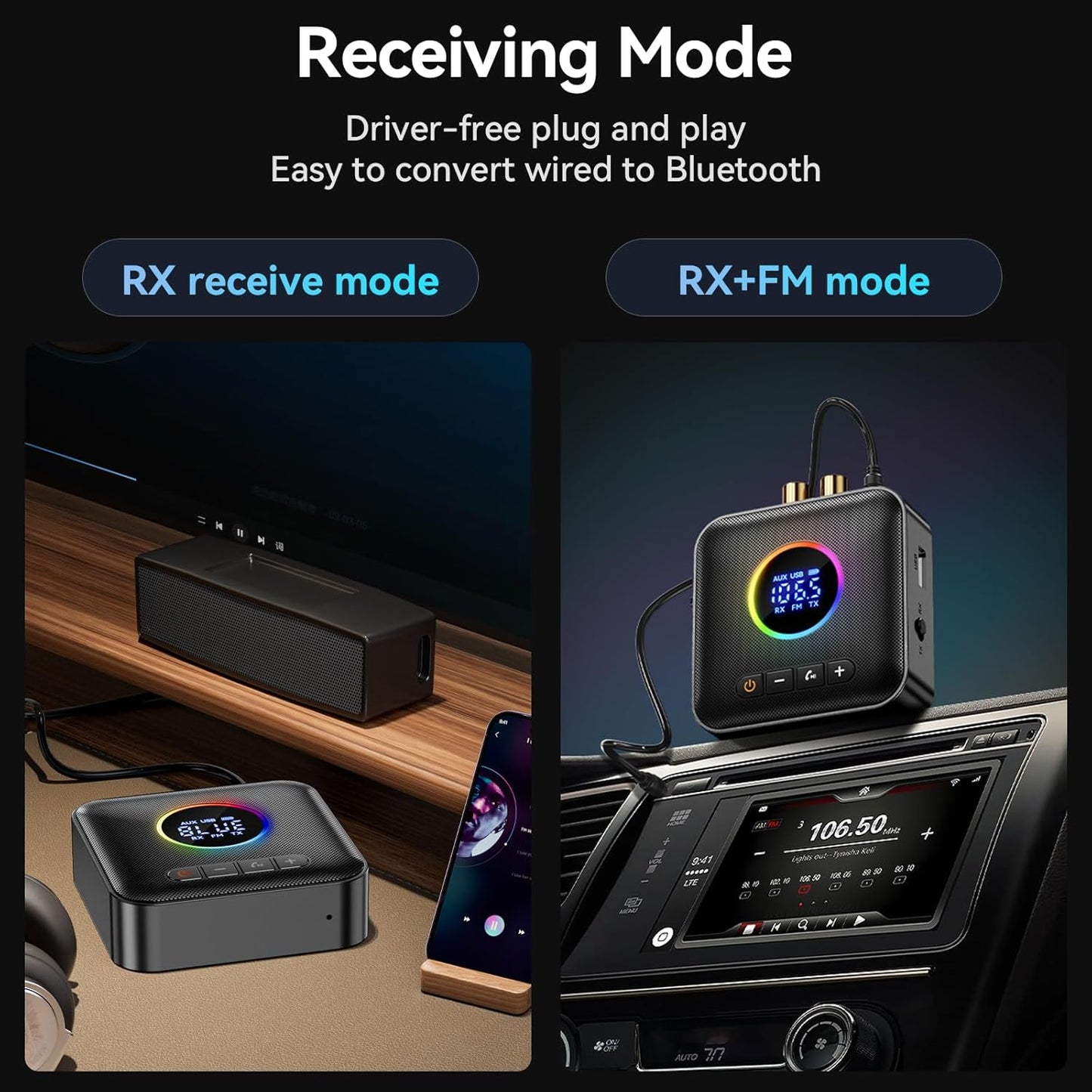 Bluetooth 5.4 Transmitter Receiver 3-in-1 Bluetooth Adapter HiFi Audio Receiver FM Transmitter with LED Display 3.5mm AUX RCA USB for TV/Car/PC/Home Stereo/Speakers
