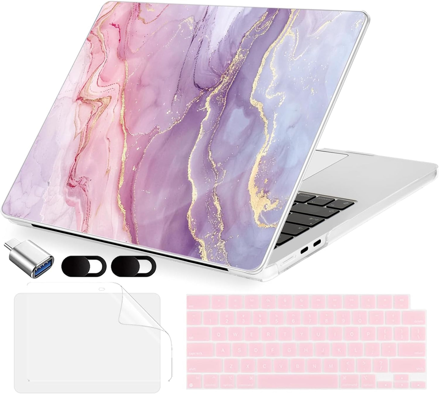 Compatible with MacBook Air 13.6 inch Case, M4 A3240/M3 A3113/M2 A2681 (Released 2025 to 2022), Hard Shell, Keyboard Cover, Screen Protector, Webcam Cover & Type-C Adapter, Pink Marble