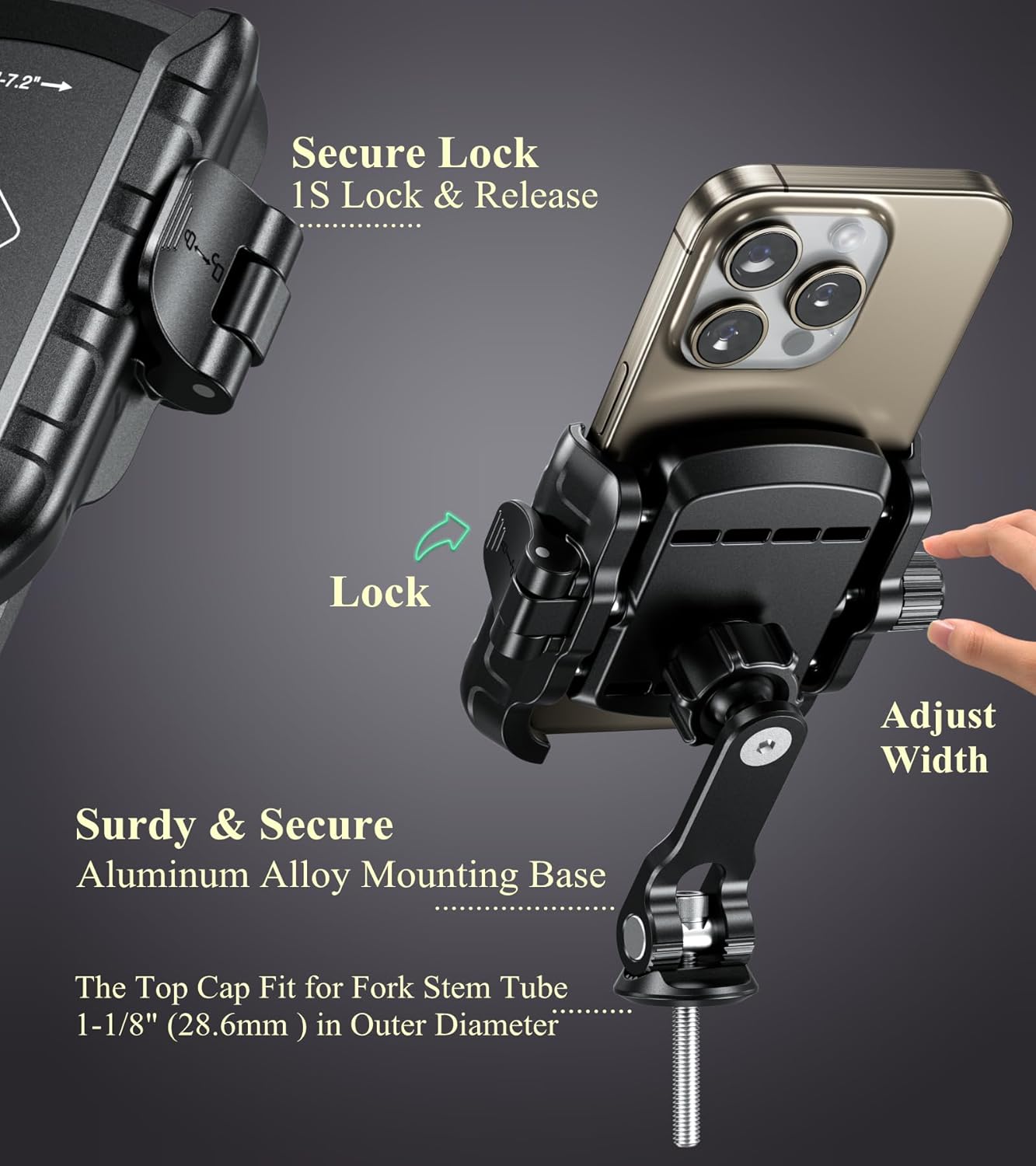 BRCOVAN Bike Fork Stem Phone Mount Holder [Camera Friendly] [1s Lock & Release] Adjustable Bicycle Headset Top Cap Cellphone Cradle with Solid Aluminum Mounting Base Fit 5.4'' - 7.2" Smartphones