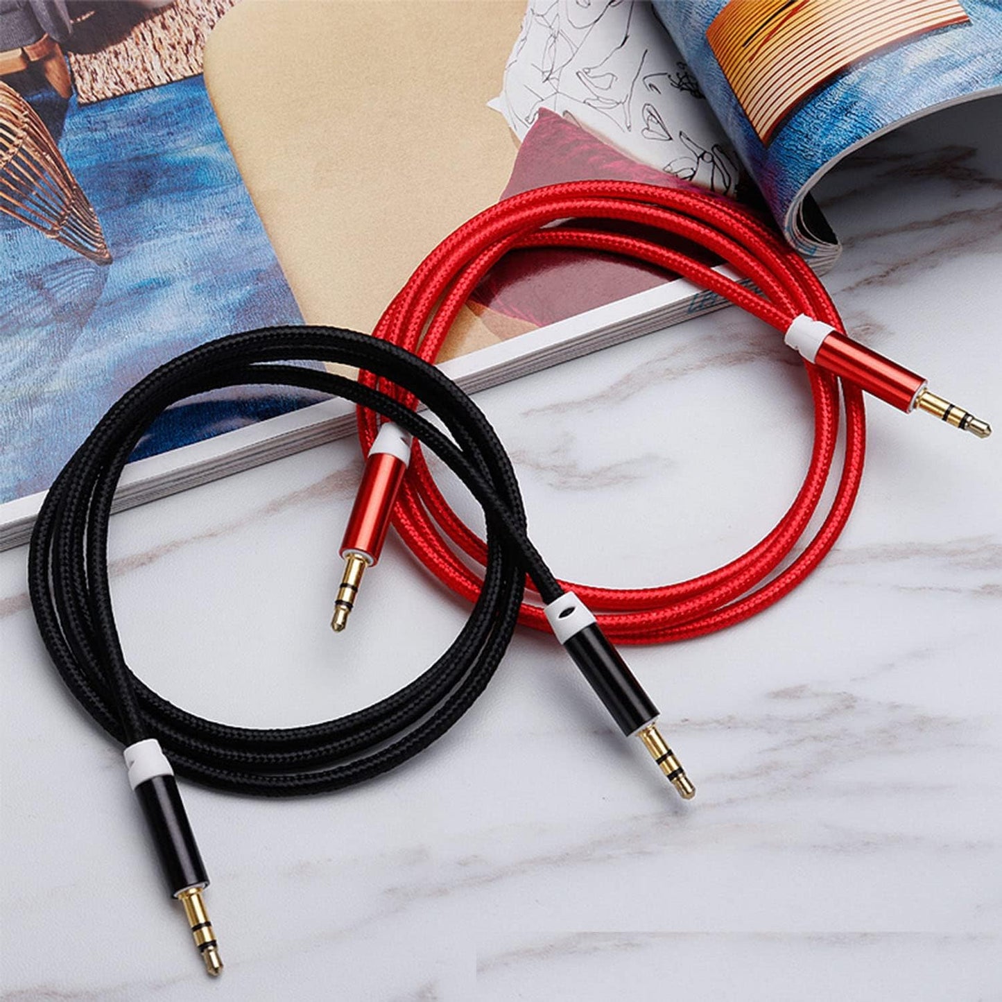 3.5mm Nylon Braided Stereo Audio Cable,(3 Pack) 4.9ft/1.5m Male to Male Aux Cord Audio Cord Compatible iPhones, iPads and Other 3.5mm DC Plug Port Device (Red)