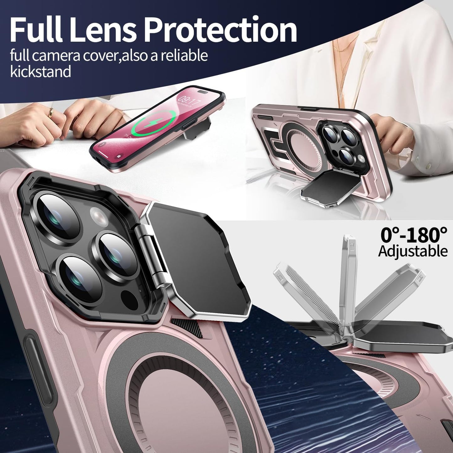 Camera Stand Case for iPhone 15 Pro, [Compatible with Mag Safe] [Lens Cover] 2024 Version Military Grade Protective Soft Case for iPhone 15 Pro 6.1 inch Men Women, Pink