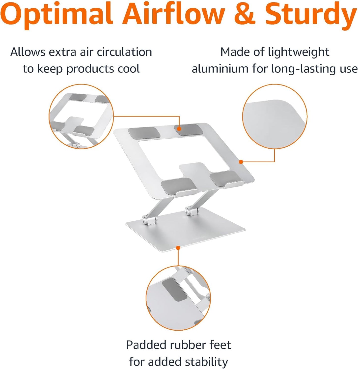 Amazon Basics Sturdy and Portable Ergonomic Laptop Stand for Desk, Adjustable Riser, Fits all Laptops and Notebooks up to 17.3 Inch, Silver, 10 x 8.7 x 6 in