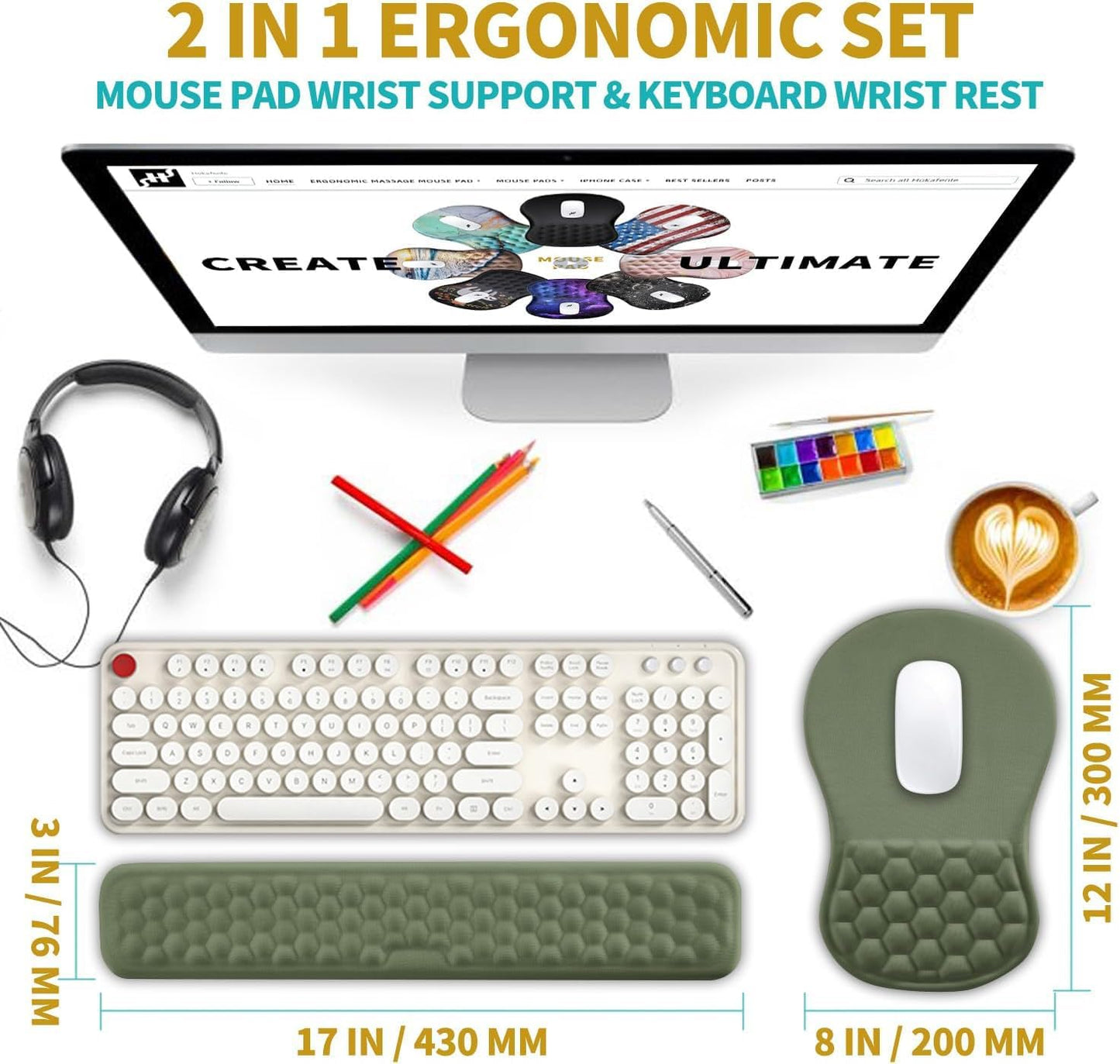 Hokafenle 2 in 1 Ergonomic Mouse Pad Wrist Support & Wrist Rest for Computer Keyboard Set, with Relieve Carpal Tunnel Pain Massage Bulge and Full Memory Gel Design (2In1 Set, Dark Green)