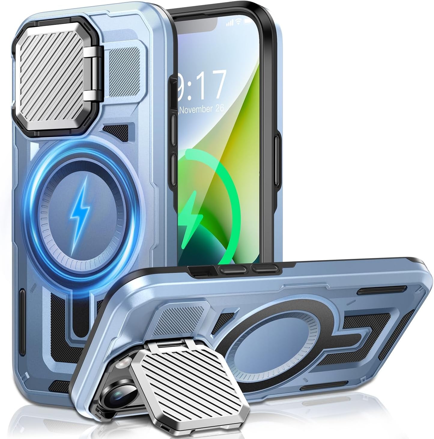 Camera Stand Case for iPhone 13/14, [Compatible with MagSafe] [Lens Cover] 2024 Version Military Grade Protective Soft Case for iPhone 13/14 6.1 inch Men Women, Blue