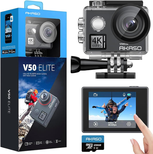 AKASO V50 Elite 4K60fps Action Camera with 128GB MicroSDXC U3 Memory Card Accessories Kit Bundle Voice Control EIS 131 feet Waterproof Camera 8X Zoom Remote Control