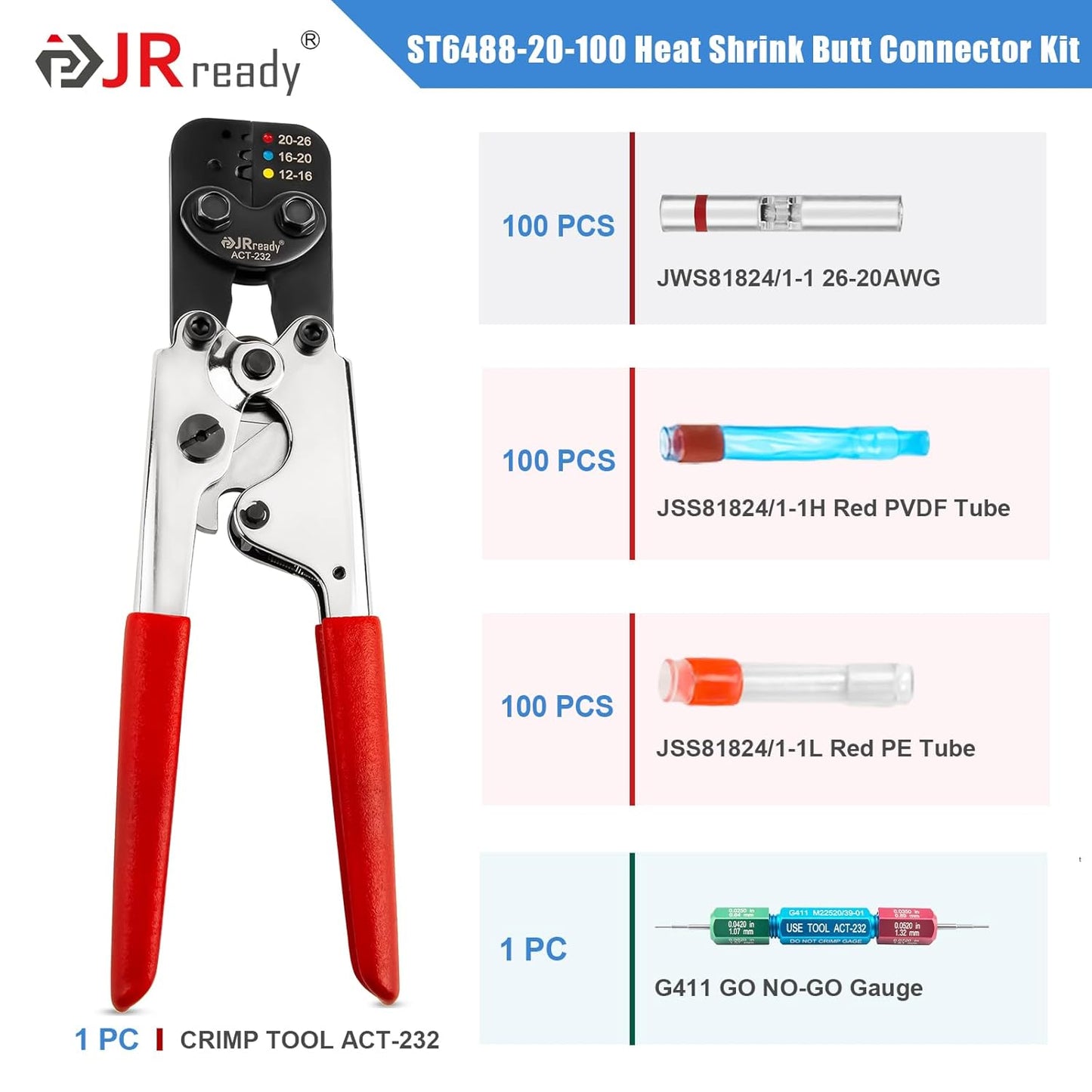 JRready ST6488-20-100 Heat Shrink Butt Splice Connectors 100 Sets 26-20AWG Butt Crimp Splices with PVDF Tubes Waterproof Environmental Splice Connectors with ACT-232 Crimp Tool G411 Go-No Go Gauge