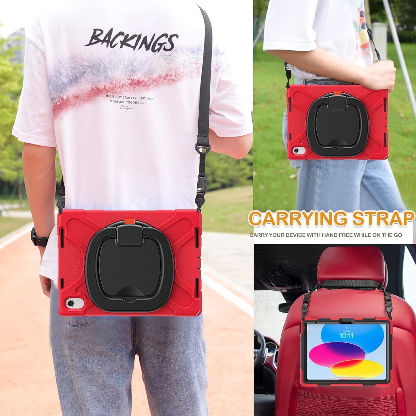 BRAECN Kids Case for iPad (A16) 11th/10th Generation 11”/10.9'' 2025/2022, Heavy Duty Rugged Silicone Cover w/Swivel Ring Stand/Stable Kickstand/Shoulder Strap/Pencil Holder/Screen Protector, Red