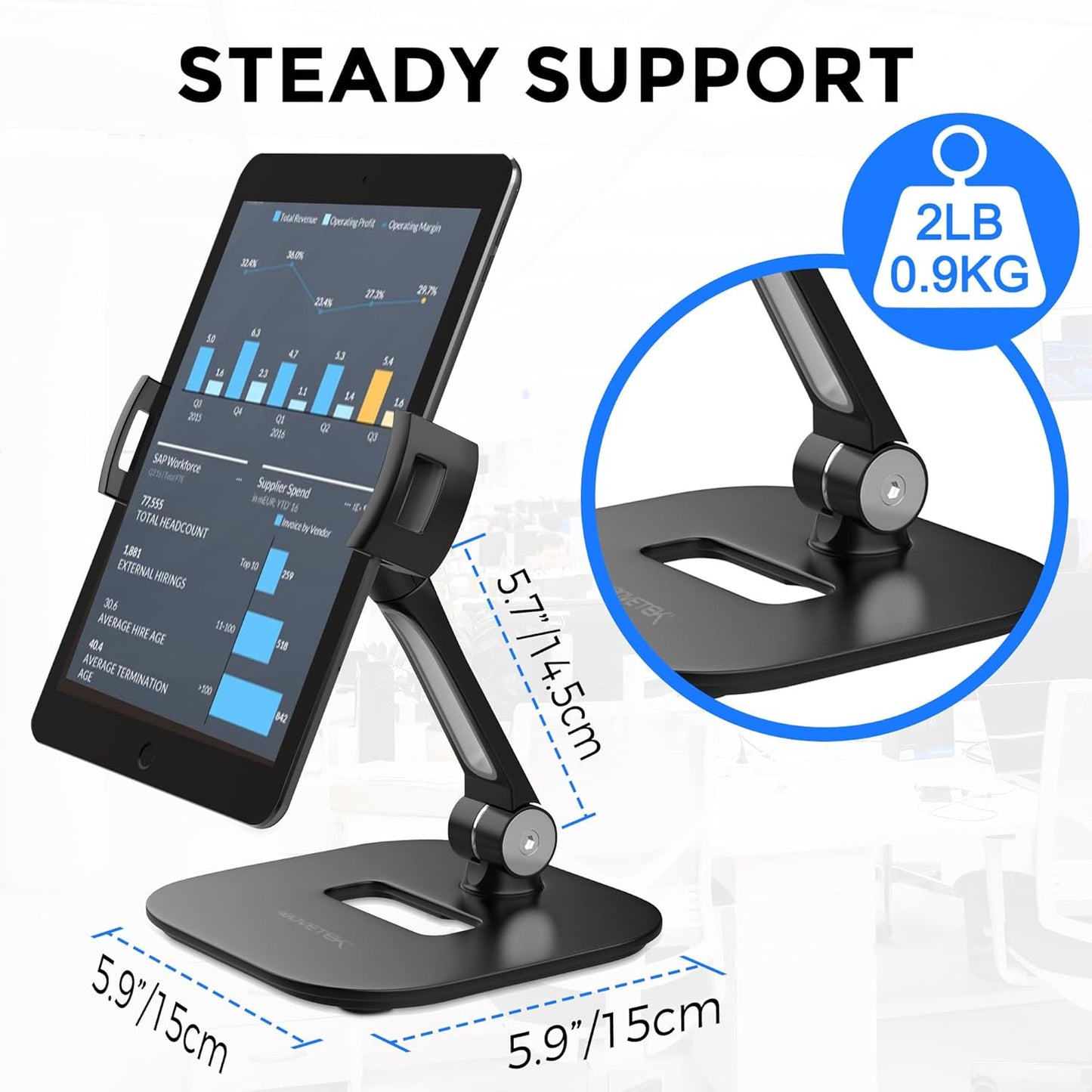 AboveTEK Tablet Stand Holder, Stylish Aluminum iPad Stands, Foldable 360° Swivel Table Stand Holder fits 4-11" Tablets/Smartphones for Kitchen Bedside Office POS Showroom Reception (Black)