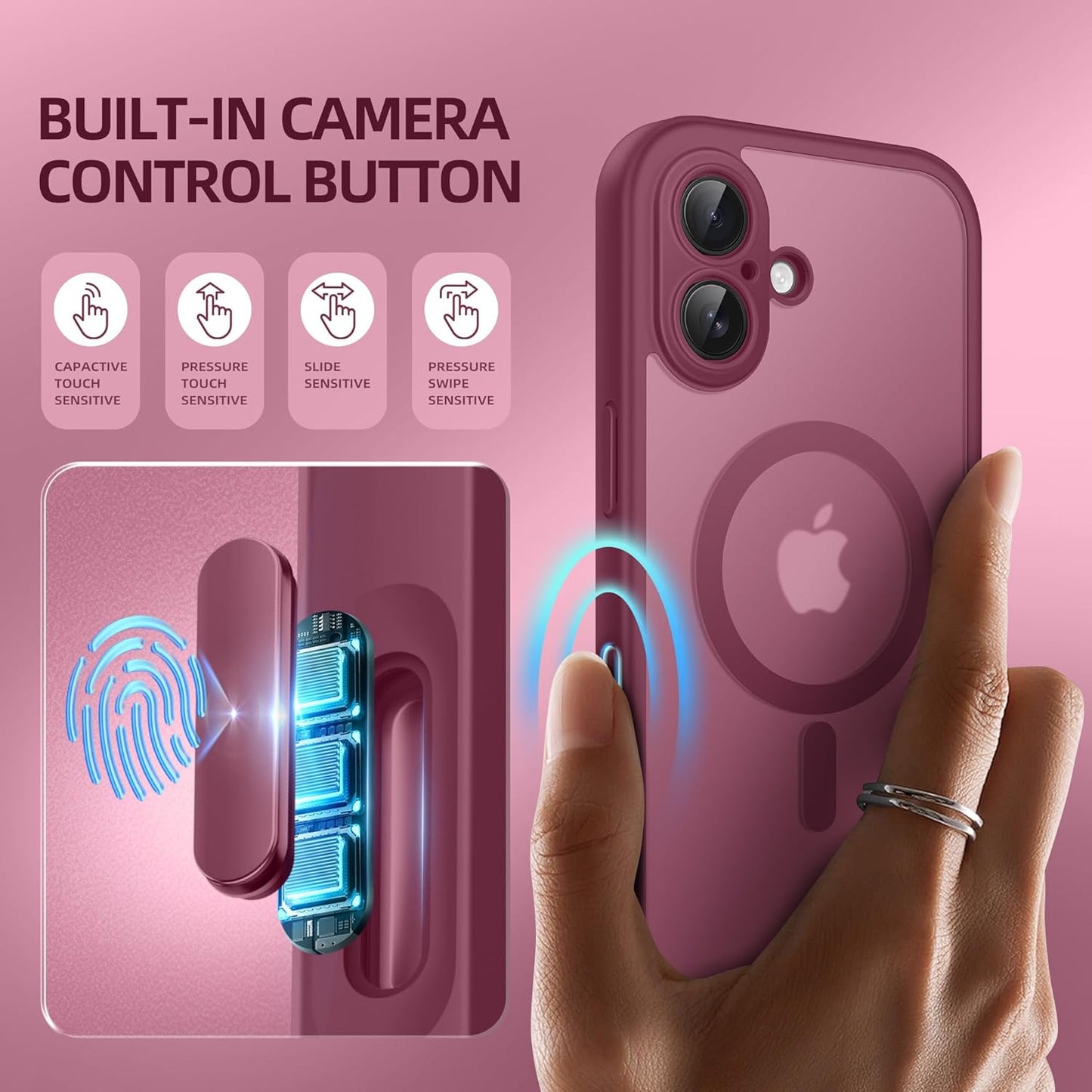 BERFY Magnetic for iPhone 16 Case, Compatible with MagSafe, Built-in Privacy Screen Protector and Upgraded Camera Protection, Anti-Spy Full Body Shockproof Phone Case for 16 6.1", Dark Red