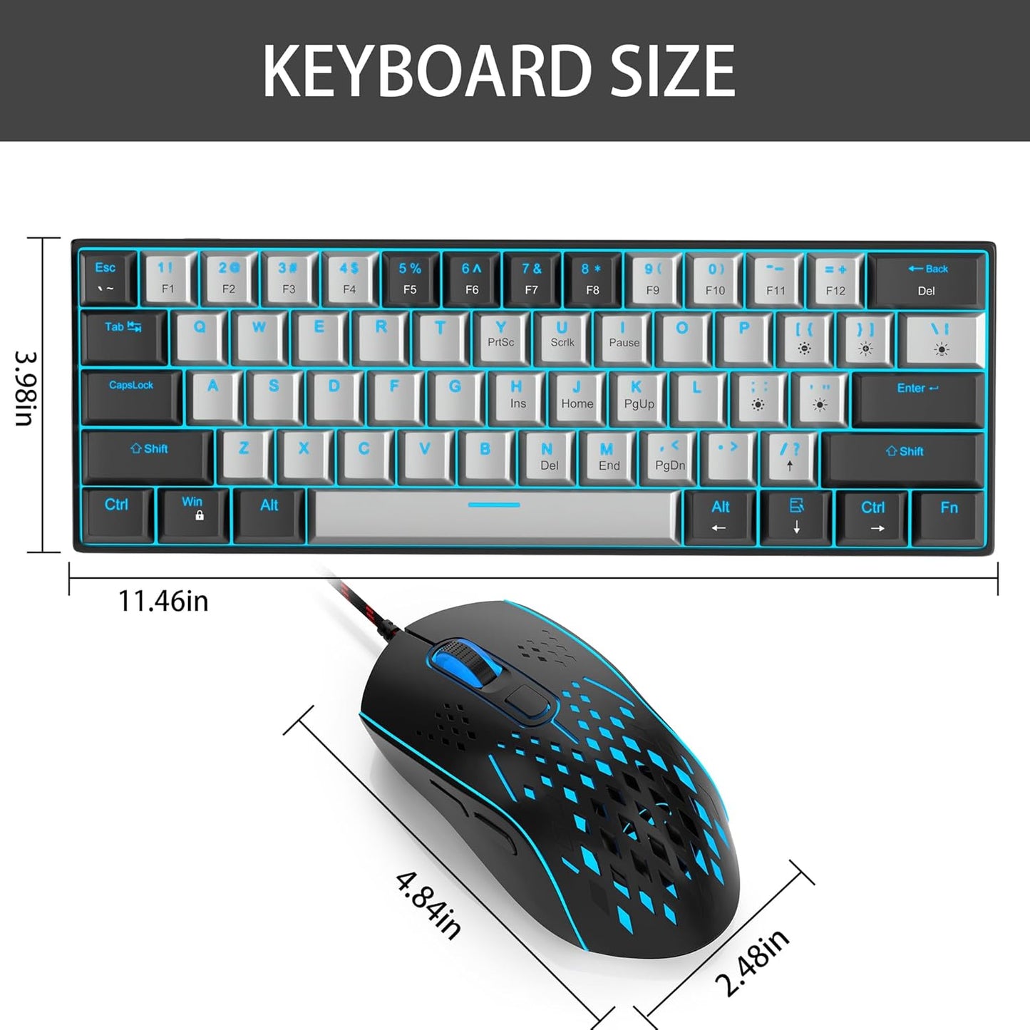 Gaming Keyboard and Mouse Combo, 60% Compact Mechanical Keyboard with Blue LED Backlit, PC Gaming Keyboards and Mouse,Detachable Type C to A Cable Wired Keyboards for PC/Laptop