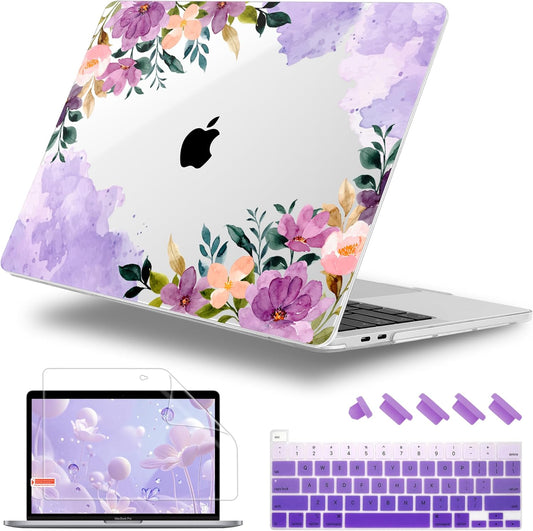Case for MacBook Pro 13 inch with/Without Touch Bar (2016-2022, M2 A2338 M1 A2289 A2251 A2159 A1989 A1706 A1708), Hard Shell + Keyboard Cover + Dust Plug - Purple Flower