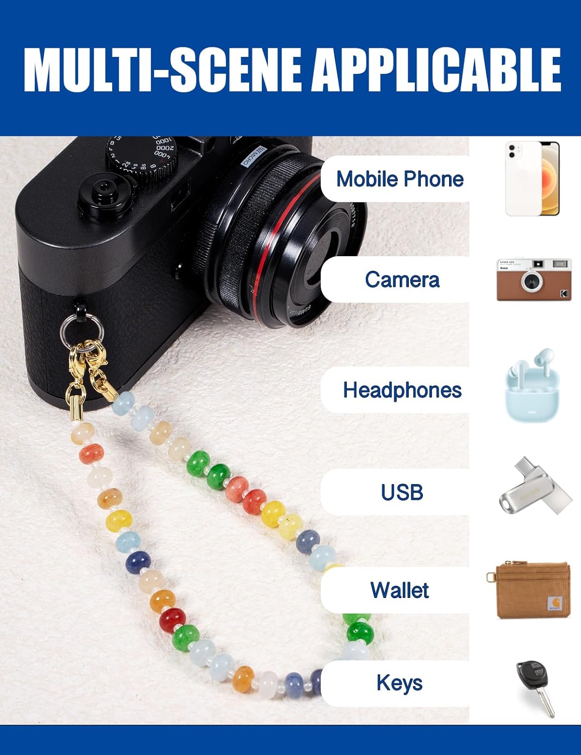 Handmade Natural Gemstone Crystal Beaded Charm Cell Phone Camera Lanyard, Hands-Free Wrist Strap, Phone Chain String, Keychain Decor for Walle (Colorful Candy)