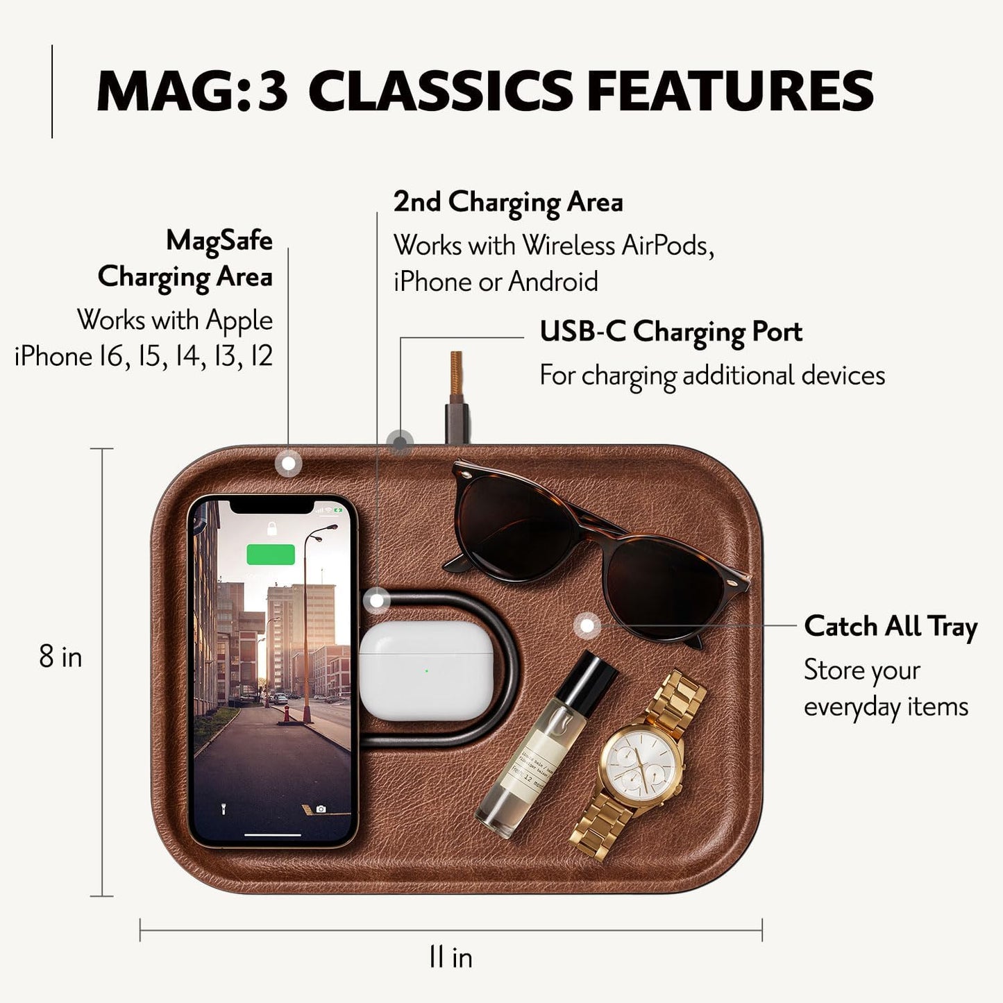COURANT MAG:3 Classics Charger and Tray - Italian Leather, Multi-Device Charger Compatible with MagSafe iPhones 16, 15, 14, 13, 12 or Wireless AirPod Cases (Saddle)