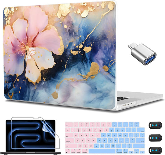 CISSOOK Plastic Hard Shell Compatible with MacBook Pro 14 inch Case 2024 2023 2022 2021 Release, M4 A3112 A3185 A3401 M3 A2918 A2992 M2 A2779 M1 A2442 Pro/Max Chip, Marble Flower