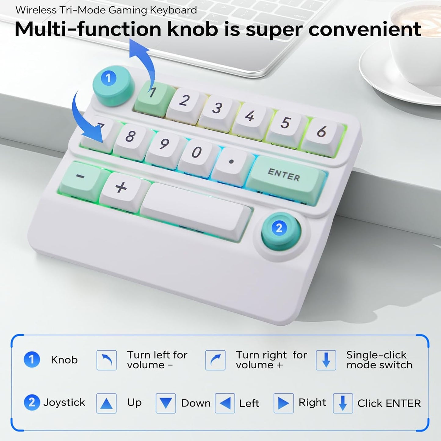 Adventurers W909 Wireless RGB Mechanical Numeric Keypad, Hot-Swappable, Macro-Programmable Numpad, Joystick & Knob Control for PC/Tablet/Laptop/Phone, Tri-Mode Connectivity (White)