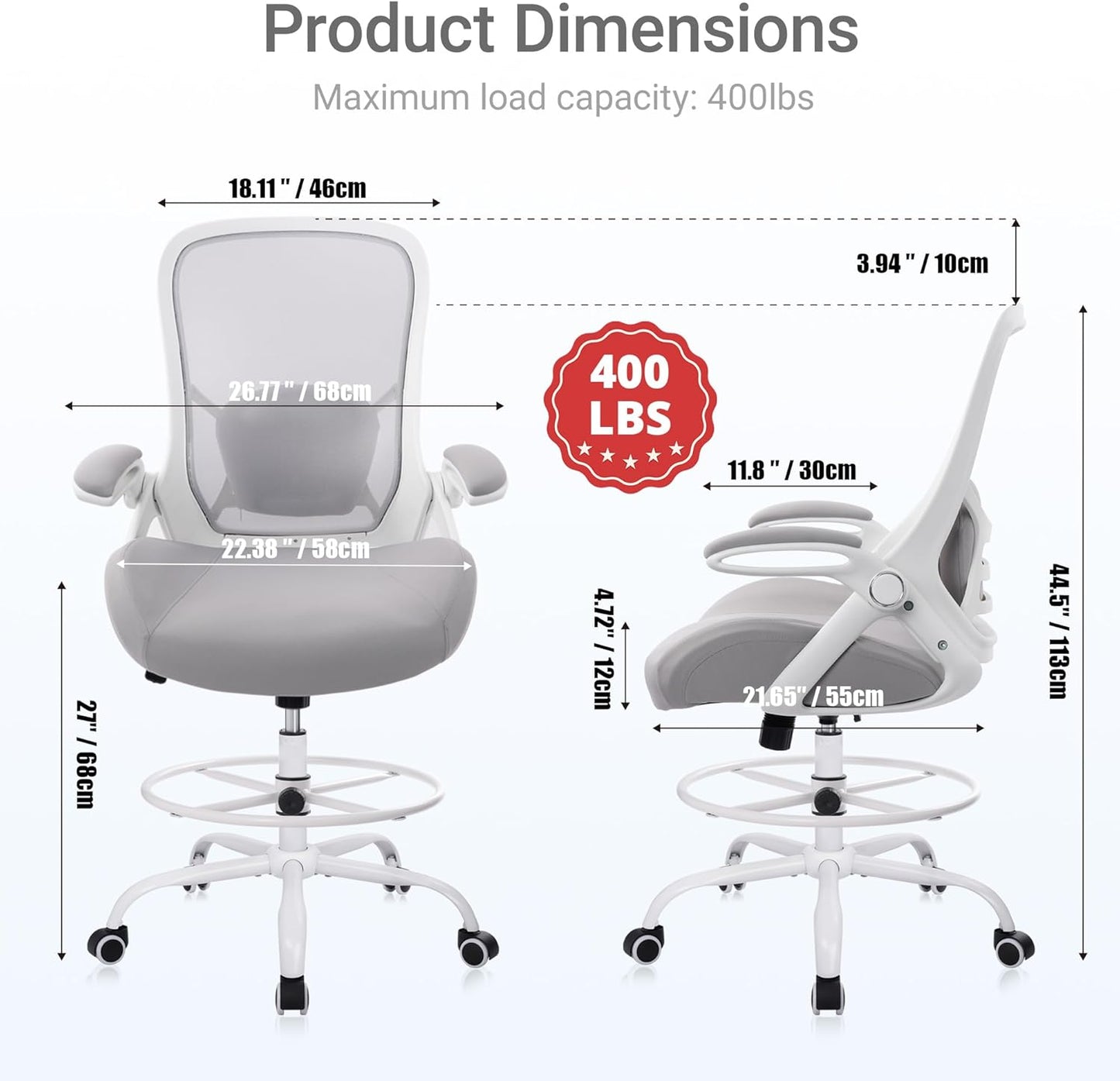 HYLONE 400lbs Heavy Duty Drafting Chair 5" Thickened Seat Office Chair with Flip-Up Armrests Tall Ergonomic Computer Chair with Lumbar Support and Adjustable Footrest Ring Standing Desk Chair (Grey)