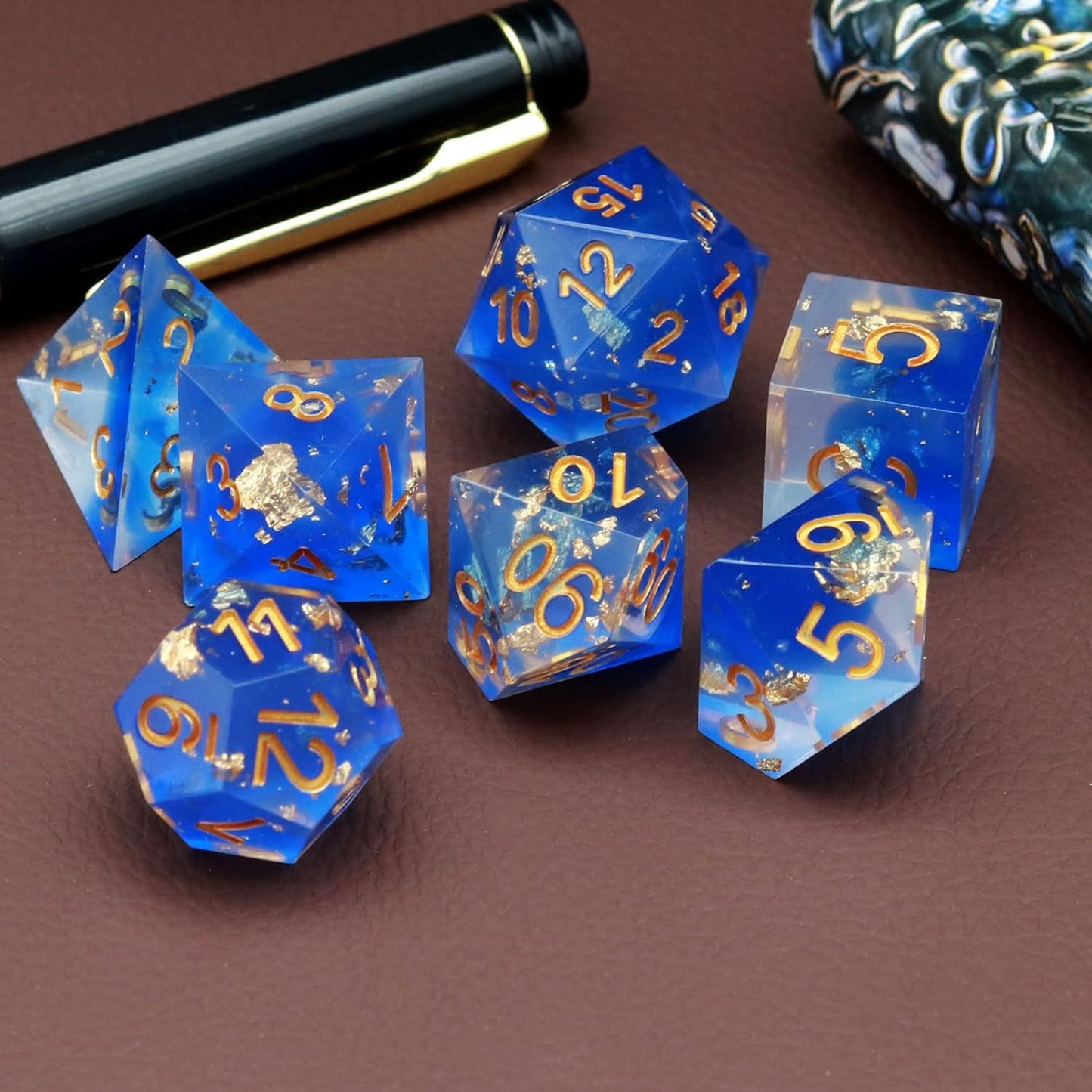 Haxtec Blue DND Dice Set Sharp Edge Resin Dice Gold Flakes with Dice Case D&D Dice for RPG Role Playing Games Compatible with Dungeons and Dragons Gift War Series