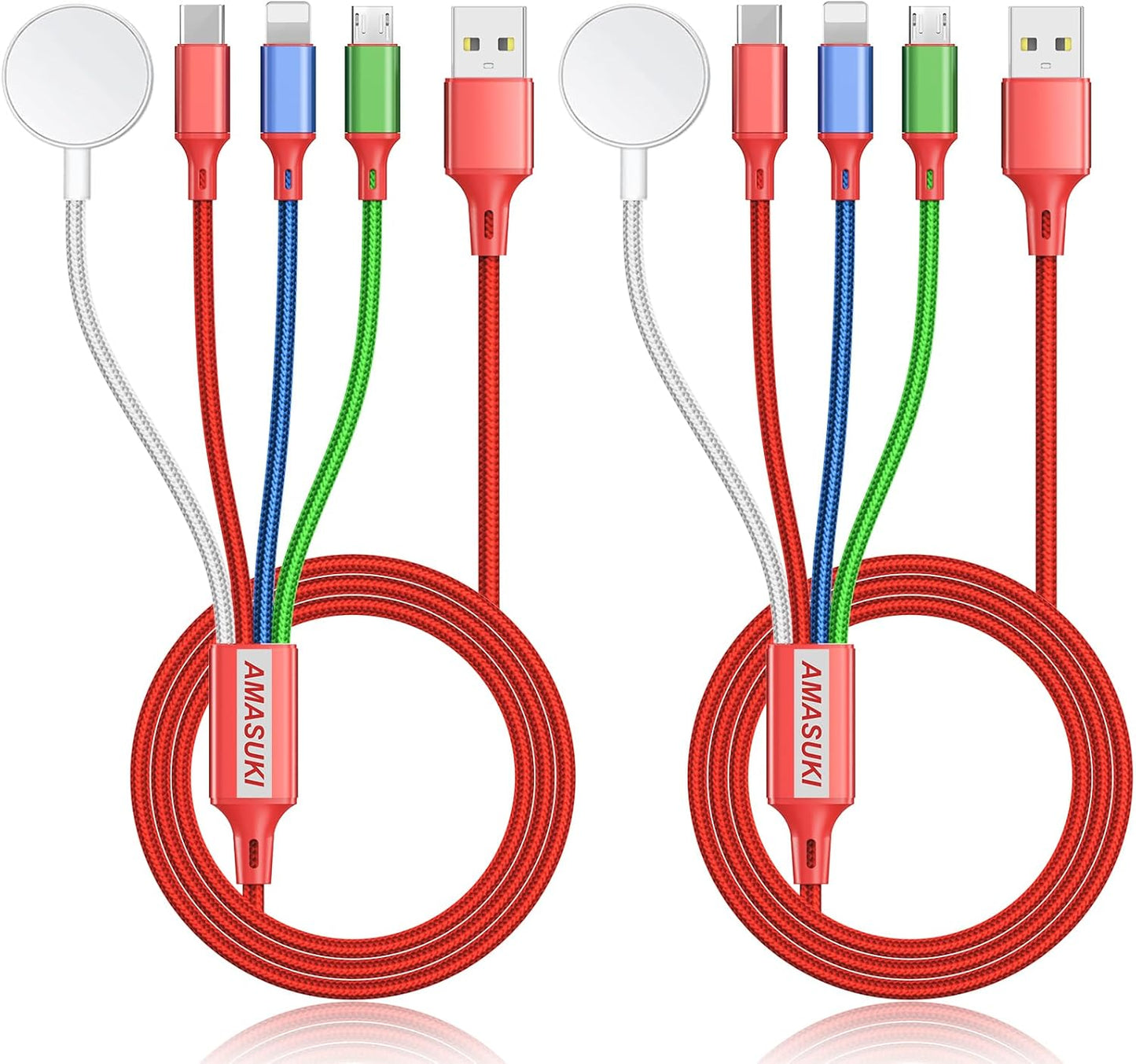 2Pack Travel Essentials Multi Charging Cable for Watch Charger 4 in 1 Fast Charger Camping Essentials USB C/L/Micro Compatible with Watch Series 10-1/SE/Ultra Phone 16 15/Galaxy Android-4FT/Red